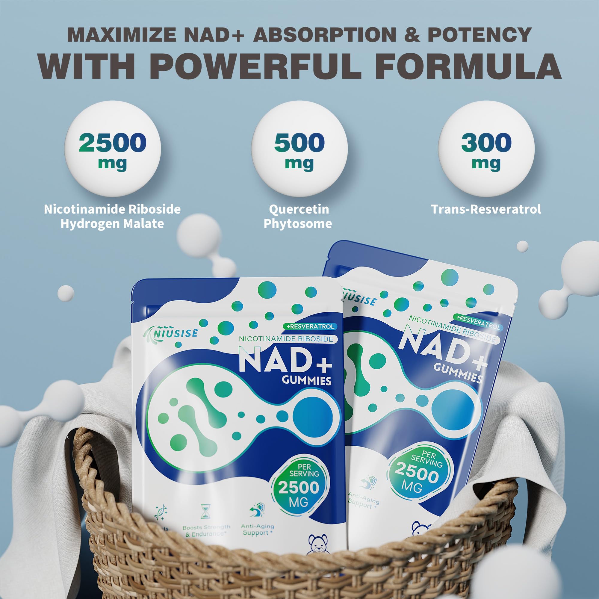 NIUSISE NAD Gummies Sugar Free, NAD+ Supplement with Liposomal Nicotinamide Riboside, Resveratrol, Quercetin, NAD Supplement for Anti-Aging, Energy, Cellular Health, Blueberry Flavor, 60 Gummies NIUSISE Au supplements