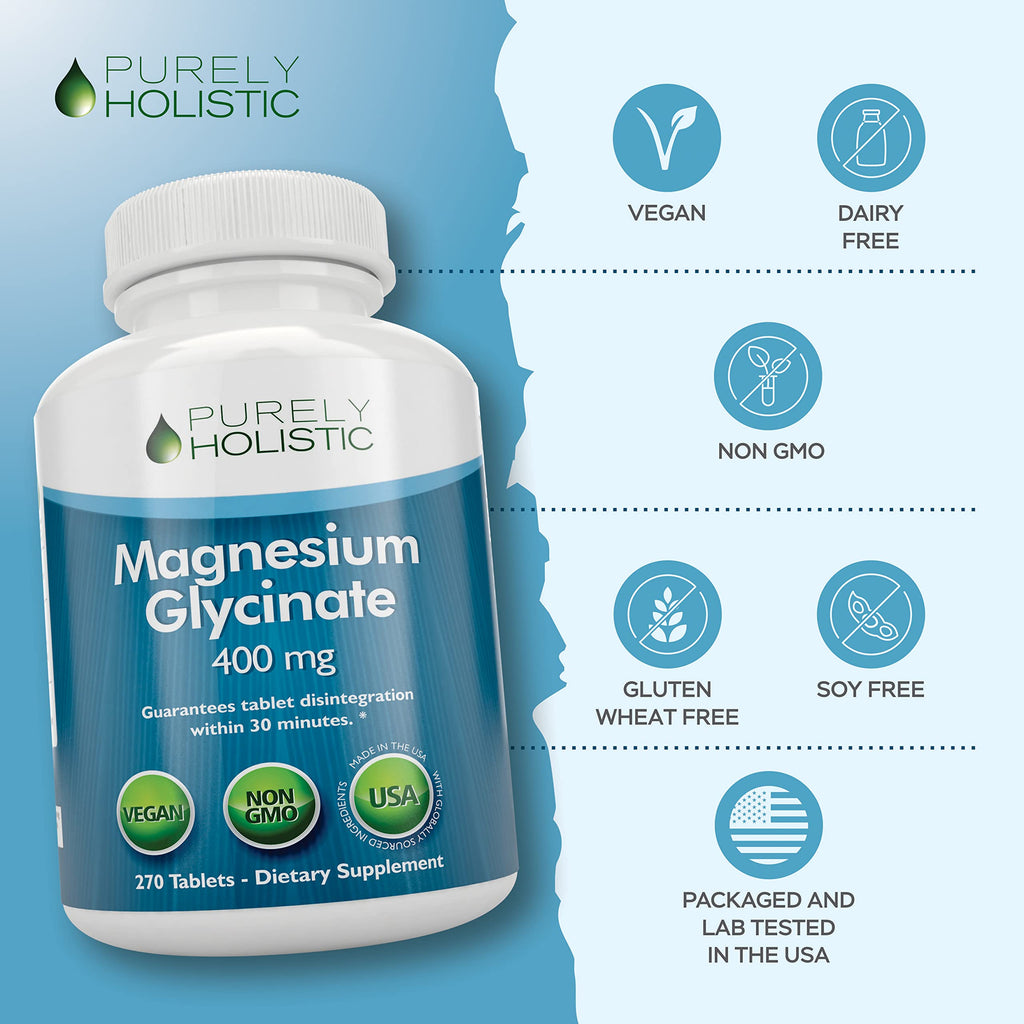 Magnesium Glycinate 400mg - 270 Magnesium Tablets (not Capsules) - 400 mg Elemental Magnesium - Highly Bioavailable - Vegan and Vegetarian - for Improved Sleep, Stress Relief & Cramp Defense Purely Holistic Au supplements