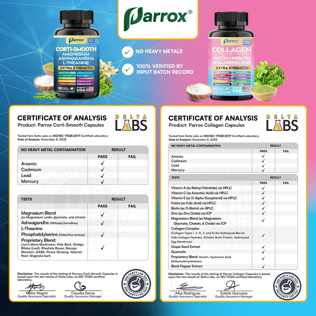 Parrox Shining Serenity Set, Cortisol Support with Ashwagandha, L-Theanine, Magnesium, Lions Mane, GABA, Bacopa Monnieri, Collagen I, II, III, V, X, Folate, Biotin, Keratin, Hyaluronic Acid, Quercetin Parrox Au supplements