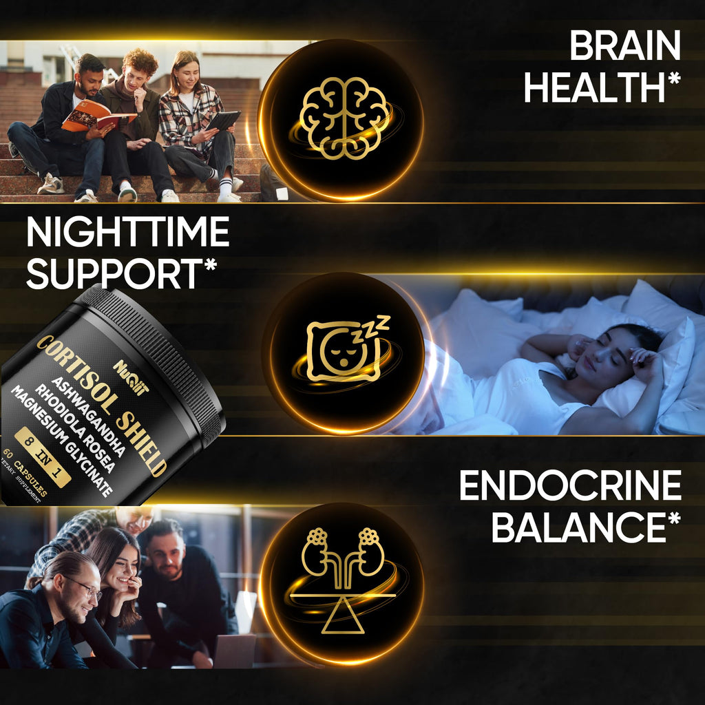 8in1 Cortisol Shield - Ashwagandha and Magnesium, Rhodiola Rosea, Lions Mane, Sea Moss, Turmeric, St Jonh's Wort - Mind& Mood Balance, Rest Well, Support Immume - 60 Capsules NUQIIT Au supplements