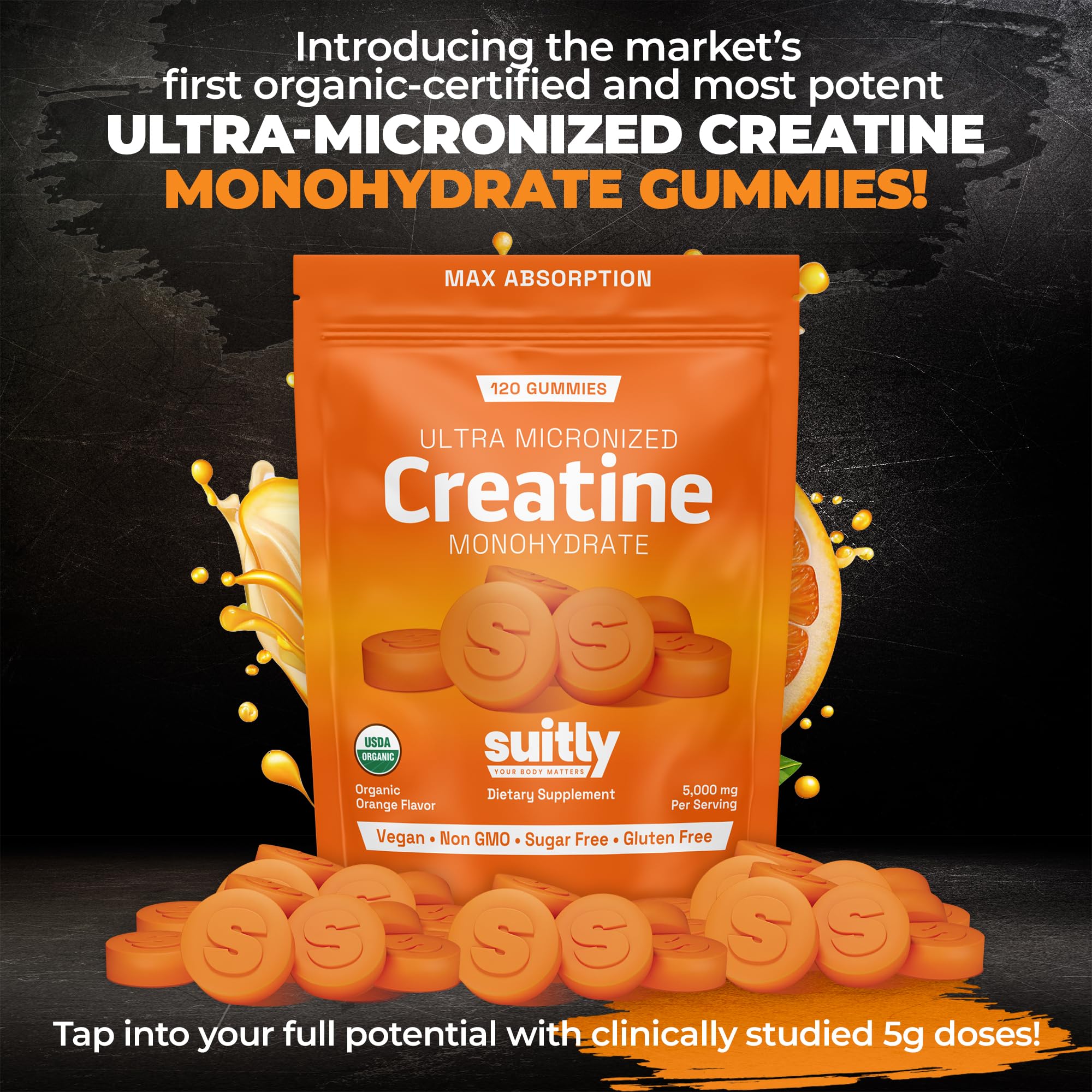 USDA Organic Ultra-Micronized Creatine Gummies for Men & Women; Orange Max Absorption 5g Creatine Gummies Sugar Free for Muscle Gain, Energy & Recovery; Muscle Builder for Women with Pouch - 120 Count Suitly Au supplements