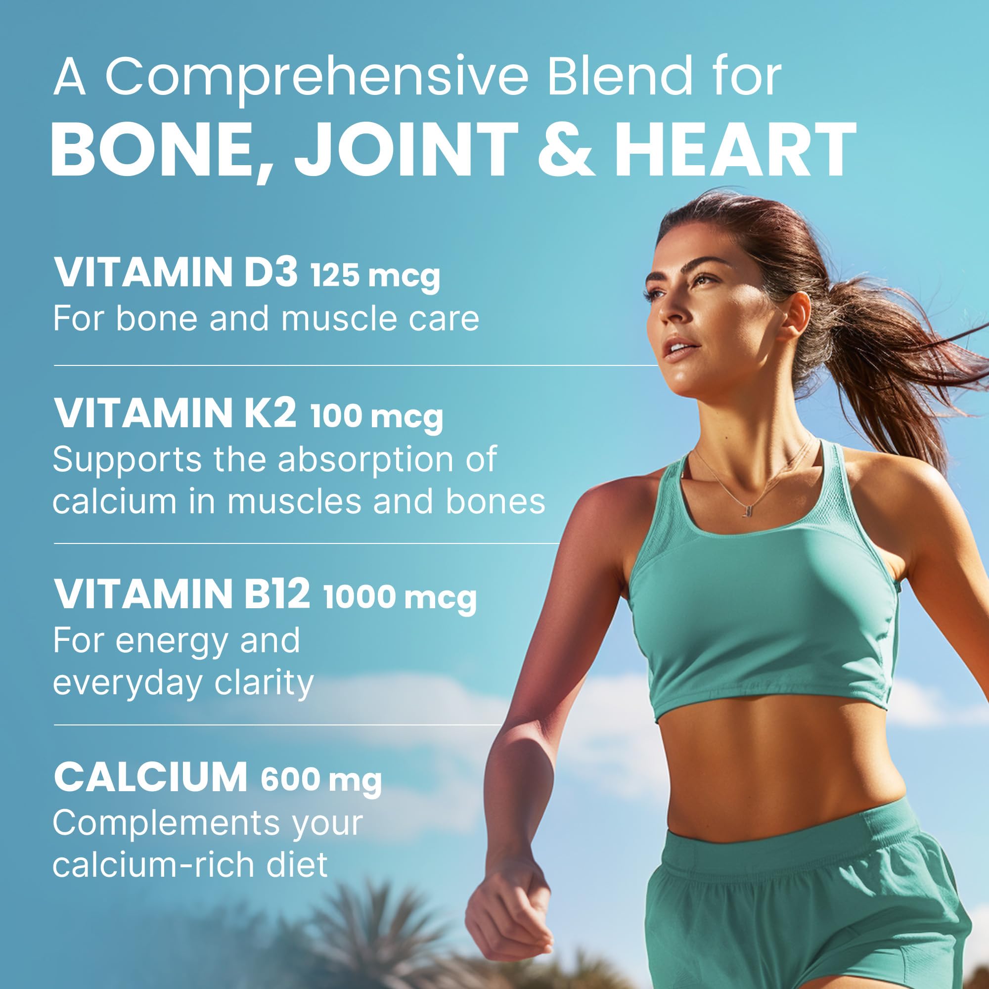 4-in-1 Calcium Supplements for Women & Men - Calcium Citrate with D3 K2 Vitamin 5000 IU - Calcium 600mg with Vitamin D3 K2 - Everyday Vitality Supplement -