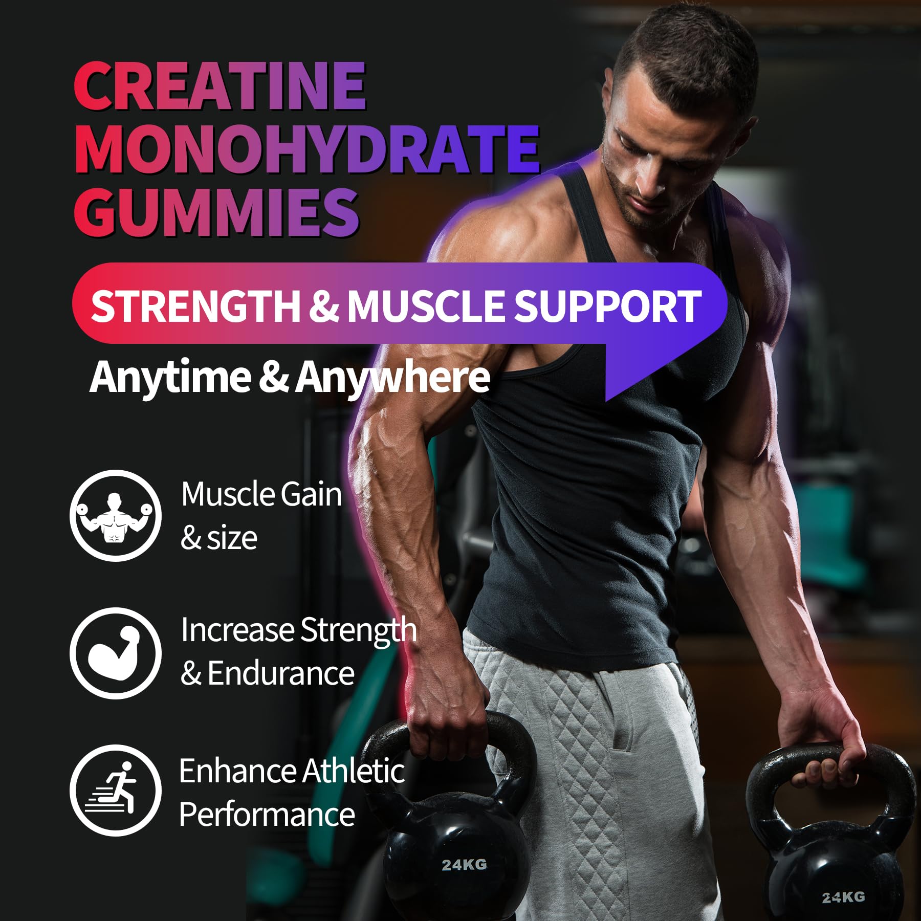 Creatine Monohydrate Gummies 8000 mg for Men & Women, Creatine Supplement for Enhanced Muscle Growth, Energy Boost - with L-Taurine, Sugar Free, Vegan