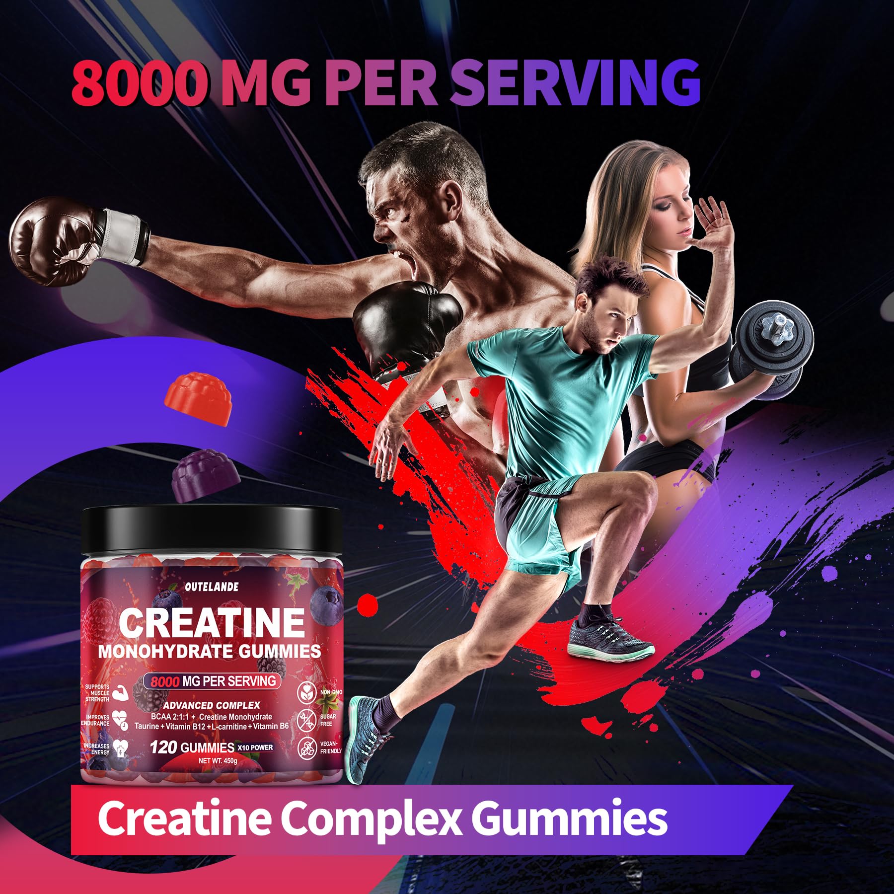 Creatine Monohydrate Gummies 8000 mg for Men & Women, Creatine Supplement for Enhanced Muscle Growth, Energy Boost - with L-Taurine, Sugar Free, Vegan