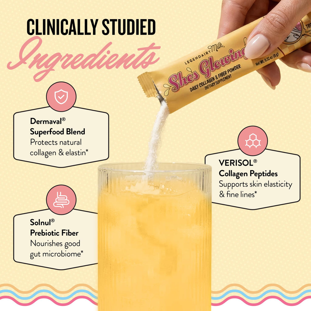 Legendairy Milk She’s Glowing Collagen Peptides Powder with Prebiotic Fiber, Tropical Drink Mix Supplement for Women,