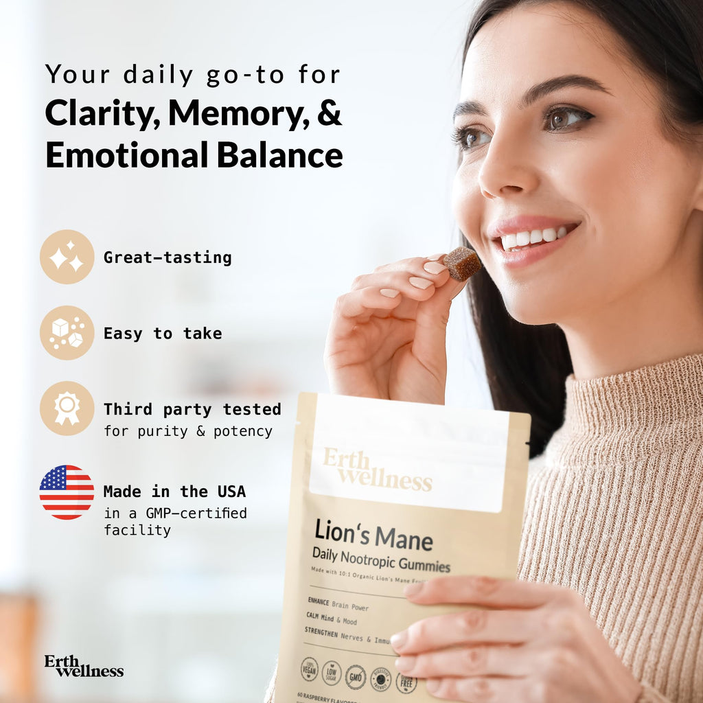 Erth Wellness Lion’s Mane Mushroom Gummies – 10,000mg Fruiting Body Extract per Serving – Brain & Focus Support – Daily Nootropic – Vegan, Low Sugar, Non-GMO – 60 Ct Erth Wellness Au supplements