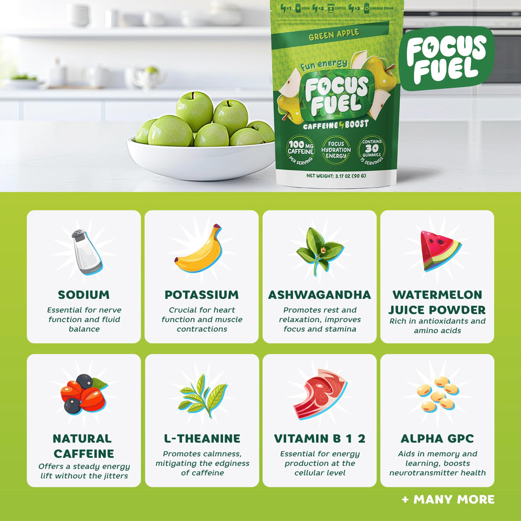 FocusFuel Energy Chews – Green Apple Flavor (15 Servings) – 100mg Caffeine + B12, Magnesium, Alpha GPC – Boost Focus & Energy – No Crash or Jitters FocusFuel Au supplements