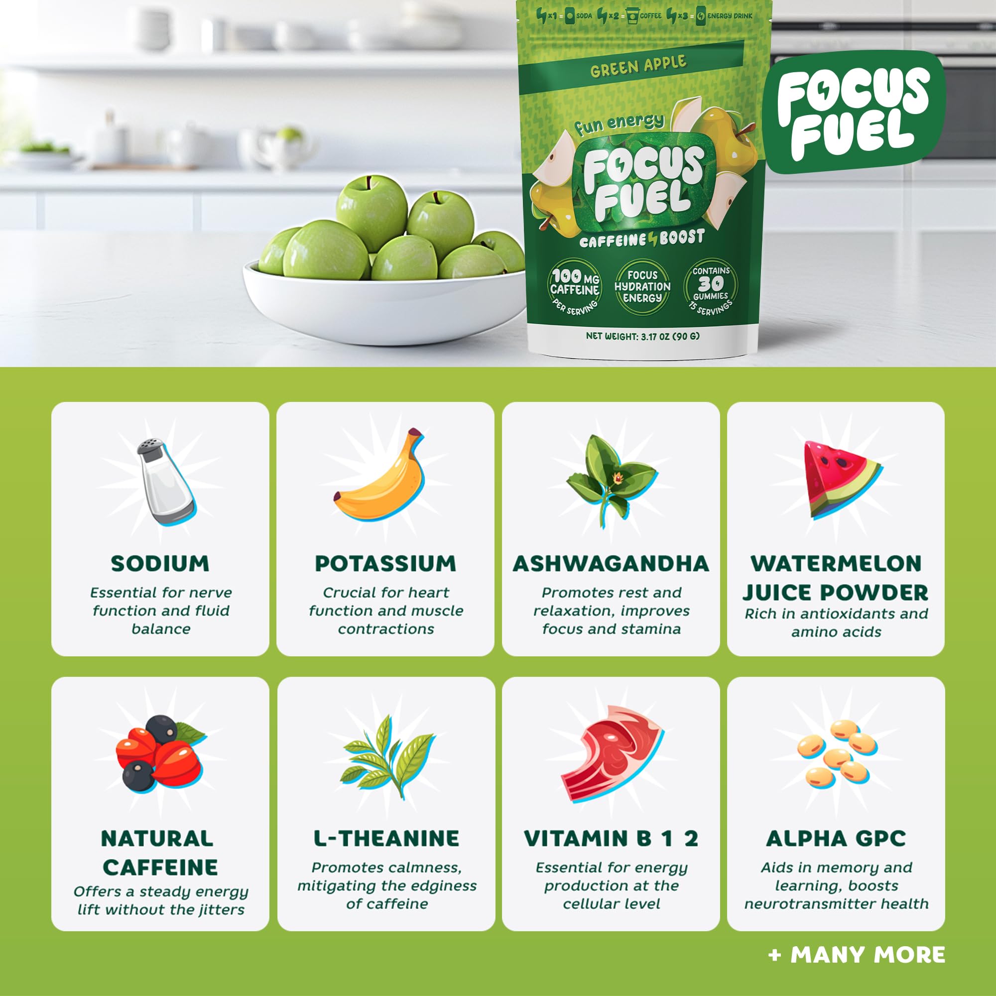 FocusFuel Energy Chews – Green Apple Flavor (15 Servings) – 100mg Caffeine + B12, Magnesium, Alpha GPC – Boost Focus & Energy – No Crash or Jitters FocusFuel Au supplements