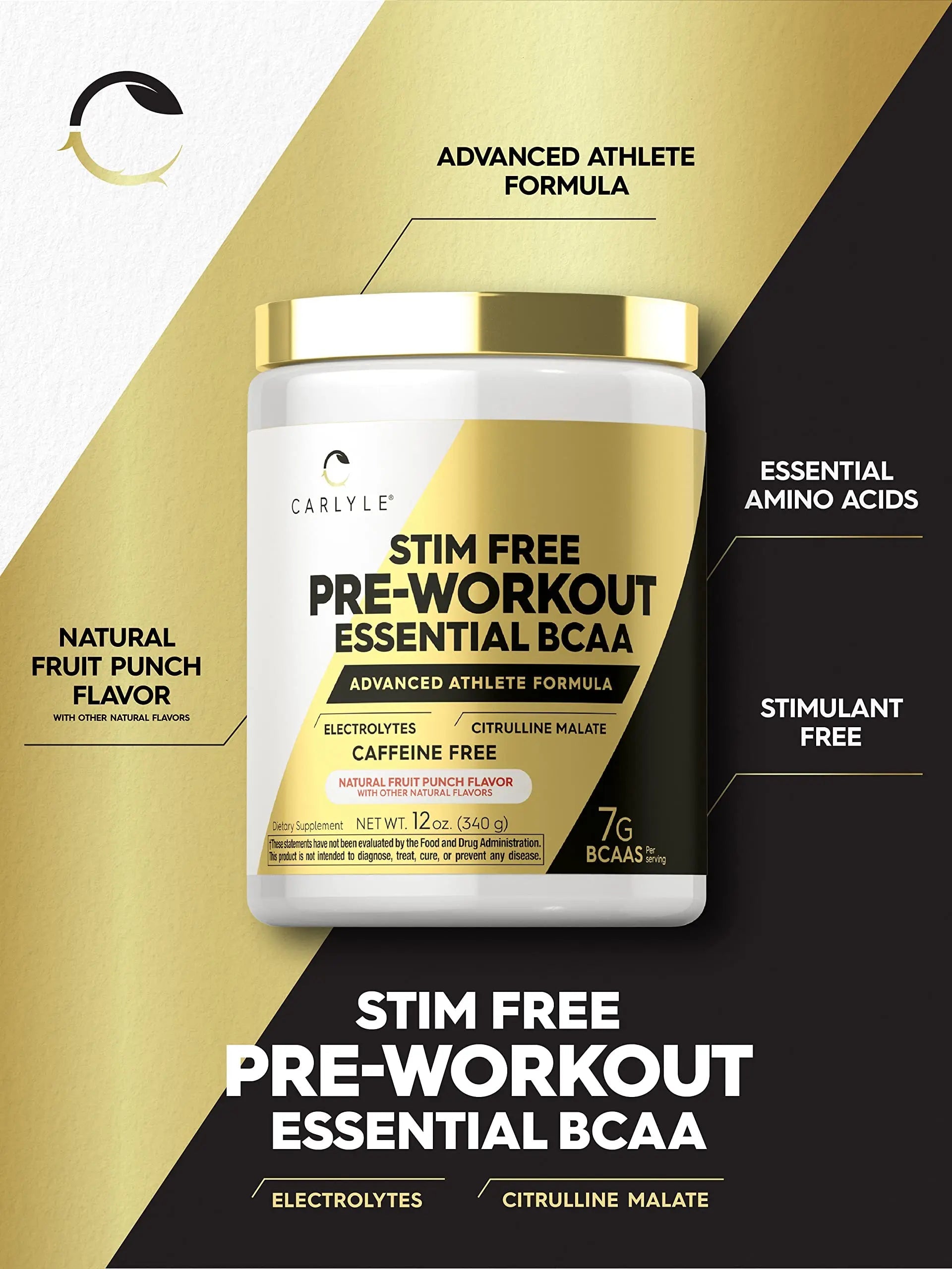 Carlyle Stim Free Pre Workout Powder | BCAA Amino Acids | 7g BCAA | Fruit Punch Flavor Carlyle Au supplements