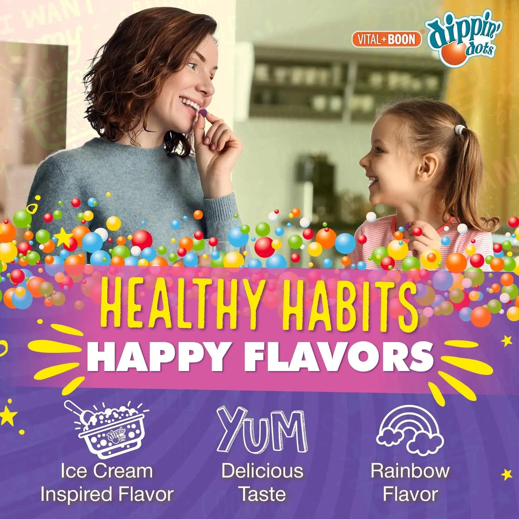 Dippin' Dots - Multivitamin Gummies for Kids Rainbow Fruit Flavor Complete Multivitamin Chewy Gummies Vitamin A, B, C, D3, E, B6, Zinc - 60 Count Vital+Boon Au supplements