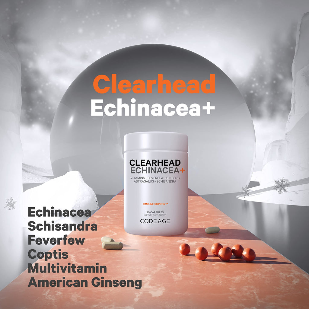 Codeage Clearhead Echinacea+ Supplement - Echinacea, Schisandra, Feverfew, Coptis, American Ginseng, Astragalus, Garlic, Probiotics, Vitamins C & D3, Zinc, Selenium - Clear Head Vitamin - 90 Capsules Codeage Au supplements