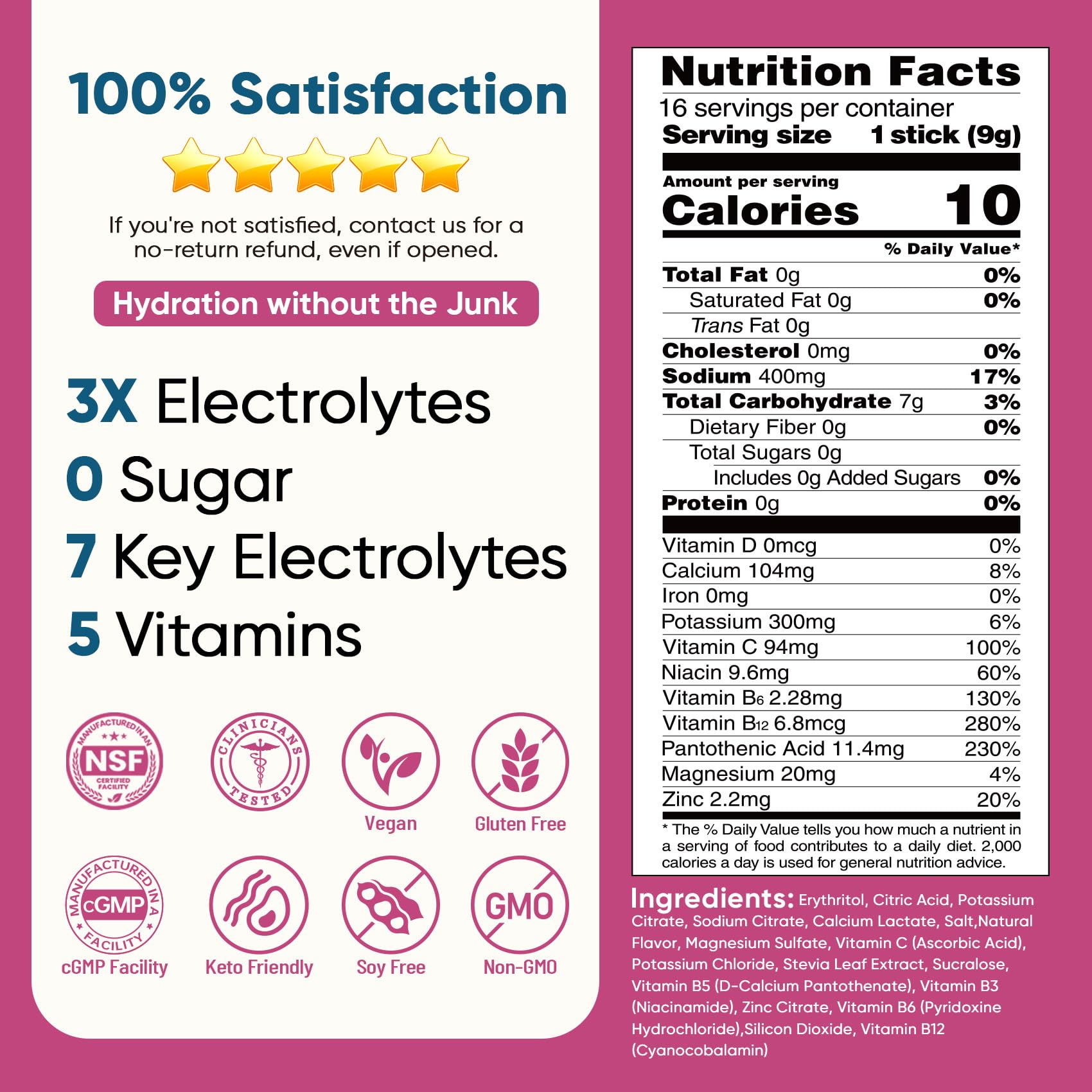 Venture Pal Sugar Free Electrolyte Powder Packets - Liquid Daily IV Hydration Packets | Electrolytes Drink Mix with 5 Vitamins & 7 Electrolytes | Keto Friendly | Non-GMO | Certified Vegan | 16 Sticks