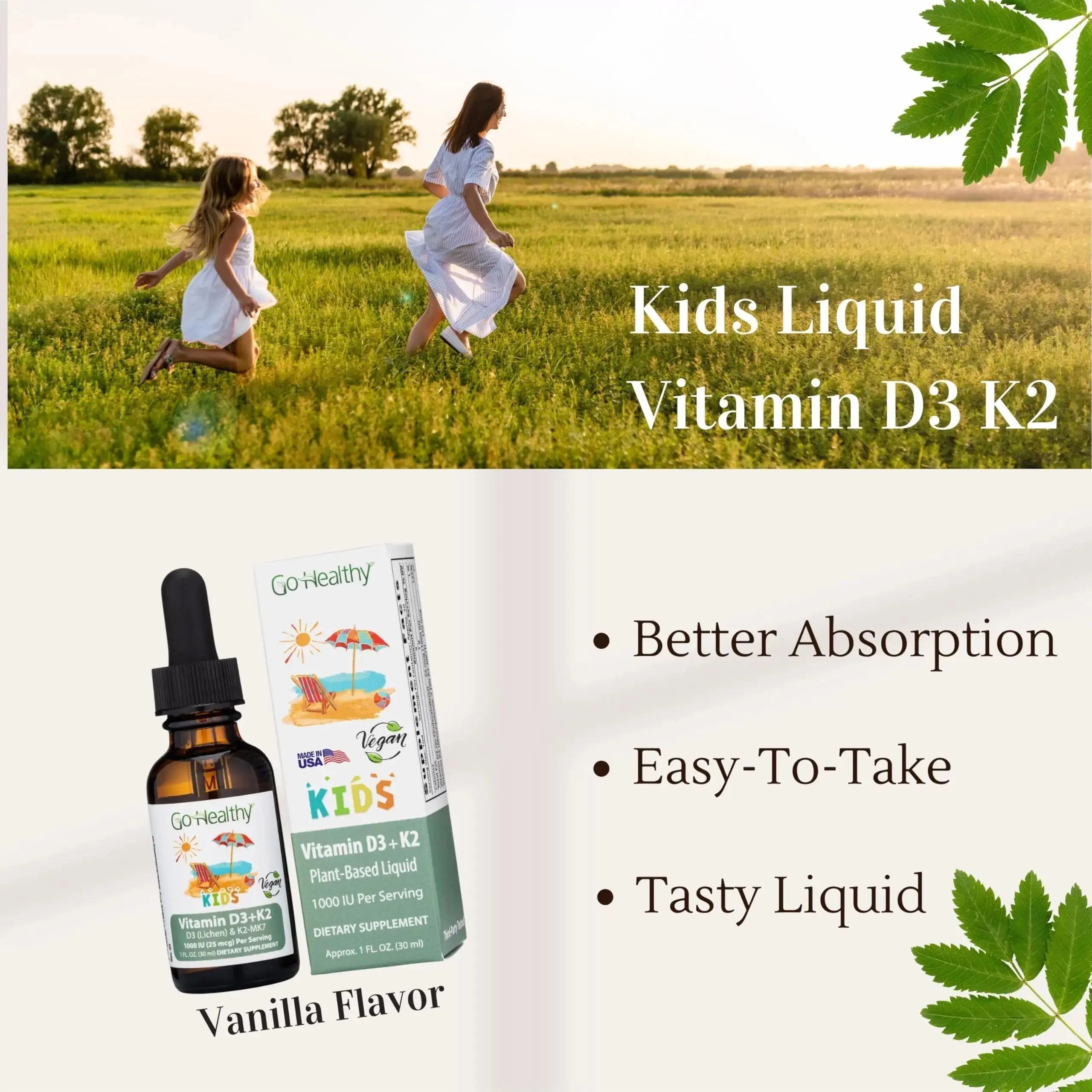 Go Healthy Kids Vitamins D3 K2 (MK-7), Child Vitamin D, Liquid Vegan D3 K2 Drops for Kids Go Healthy Natural Au supplements