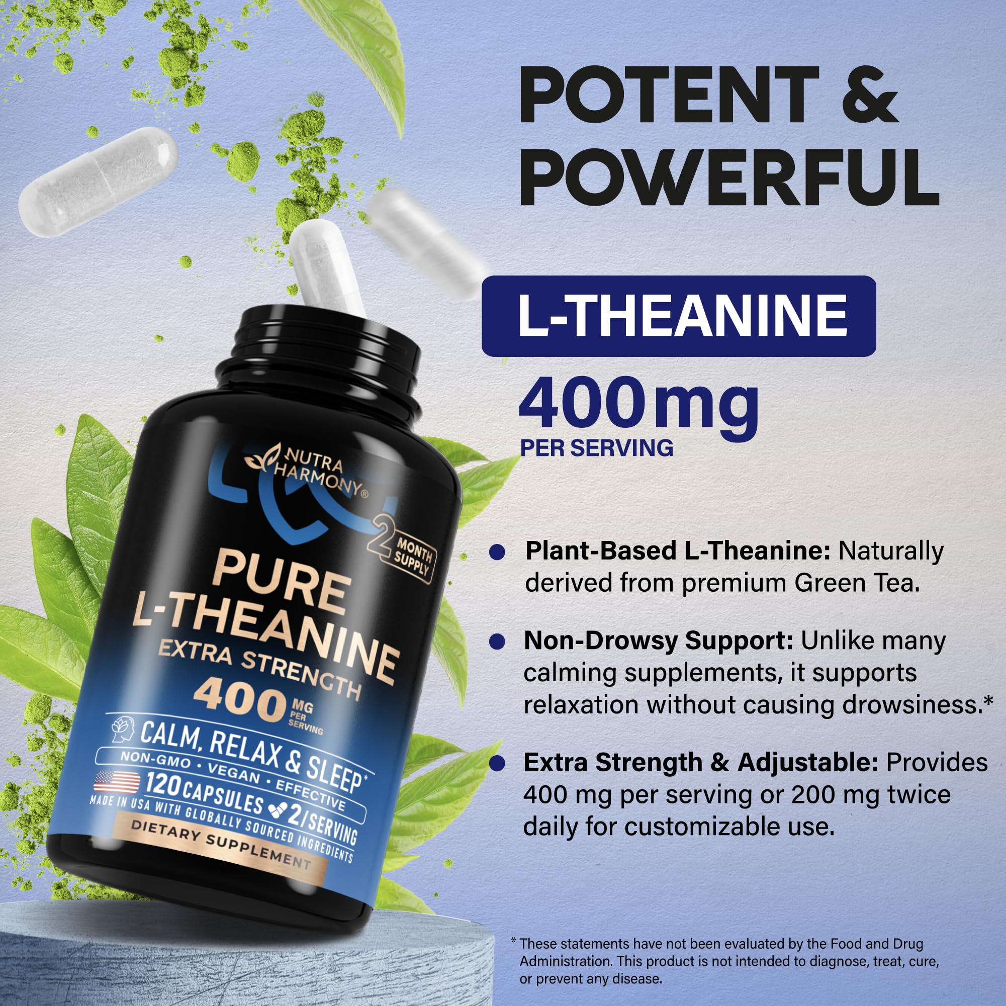L Theanine 400 mg | L-Theanine Stress Relief | Extra Strength Supplement | Made in USA | Relaxation, Sleep & Calm Support | For Men & Women | Plant Based