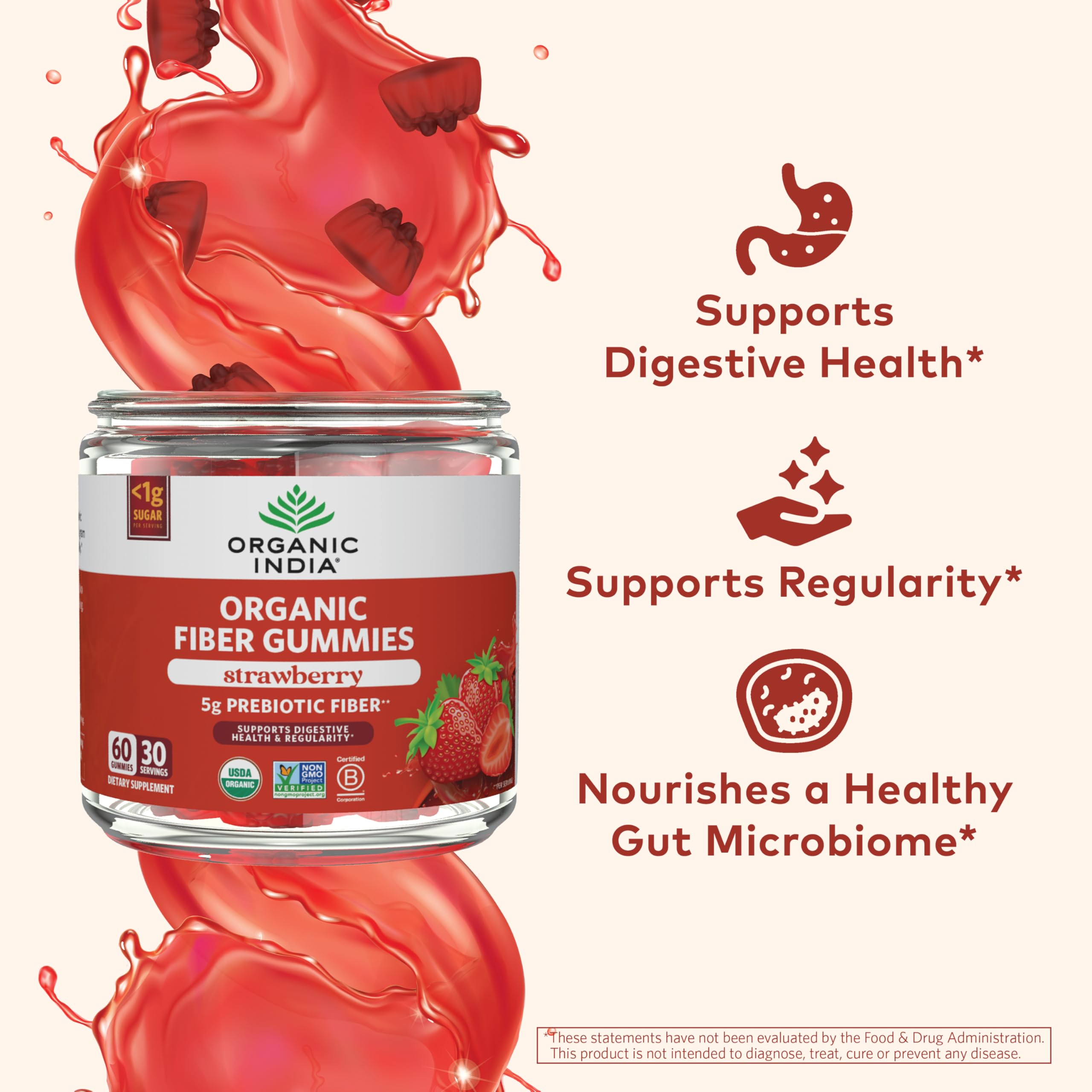 ORGANIC INDIA Fiber Gummies for Adults - Prebiotic Fiber, Dietary Supplement, Digestive Health for Men & Women, Vegan, Low Sugar