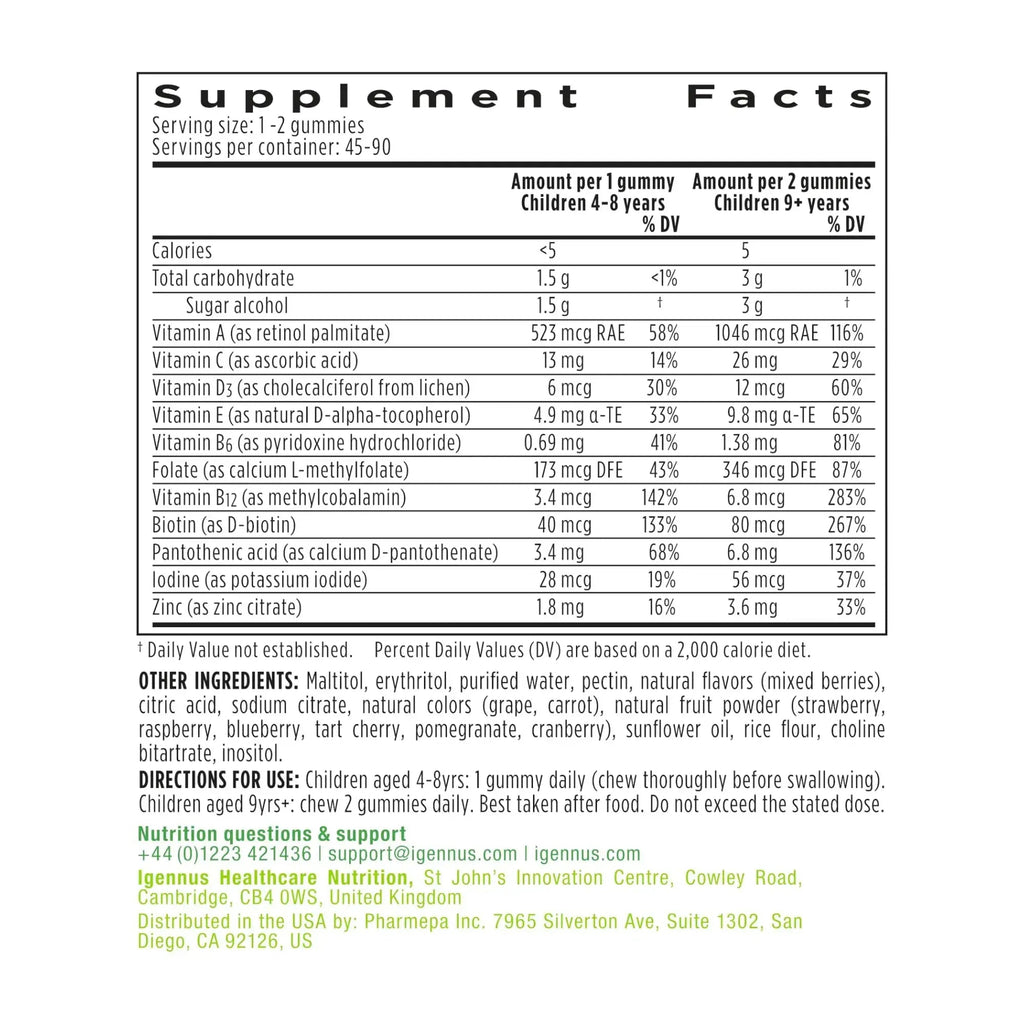 Igennus Methylated Kids Multivitamin Gummy, MTHFR, No Artificial Sweeteners or Flavors, Sugar Free, Age 4+, 90 Natural Berry Flavor Gummies Igennus Healthcare Nutrition Au supplements