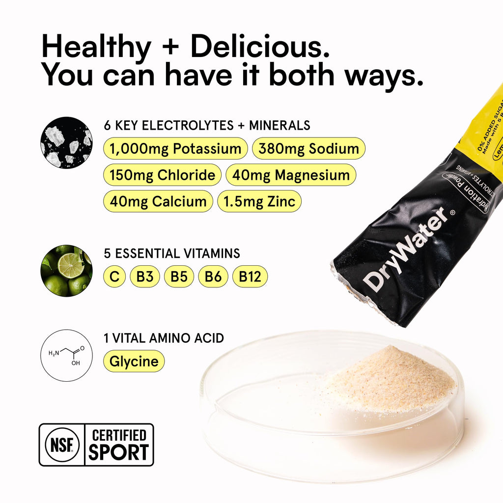 DryWater Electrolyte Powder Packets, Lemon Lime - Hydration Packets Drink Mix with Zero Added Sugar for Rehydration & Energy - 6 Key Electrolytes