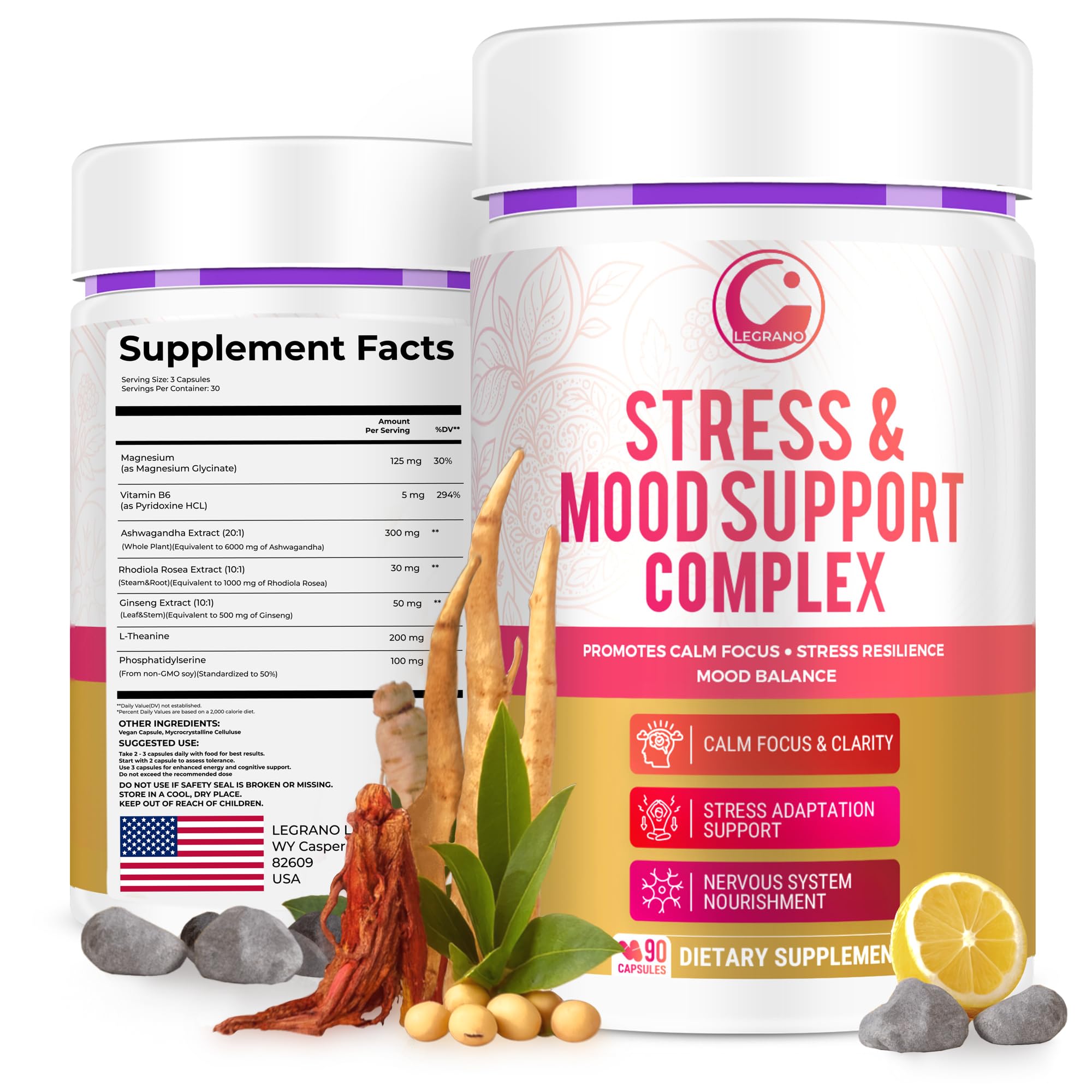 LEGRANO Cortisol Manager Supplements for Women & Men with Ashwagandha, L-Theanine, Magnesium Glycinate, Rhodiola, Ginseng – Cortisol Reducer & Adrenal Support – 90 Capsules – Calm, Focus, Balance LEGRANO Au supplements