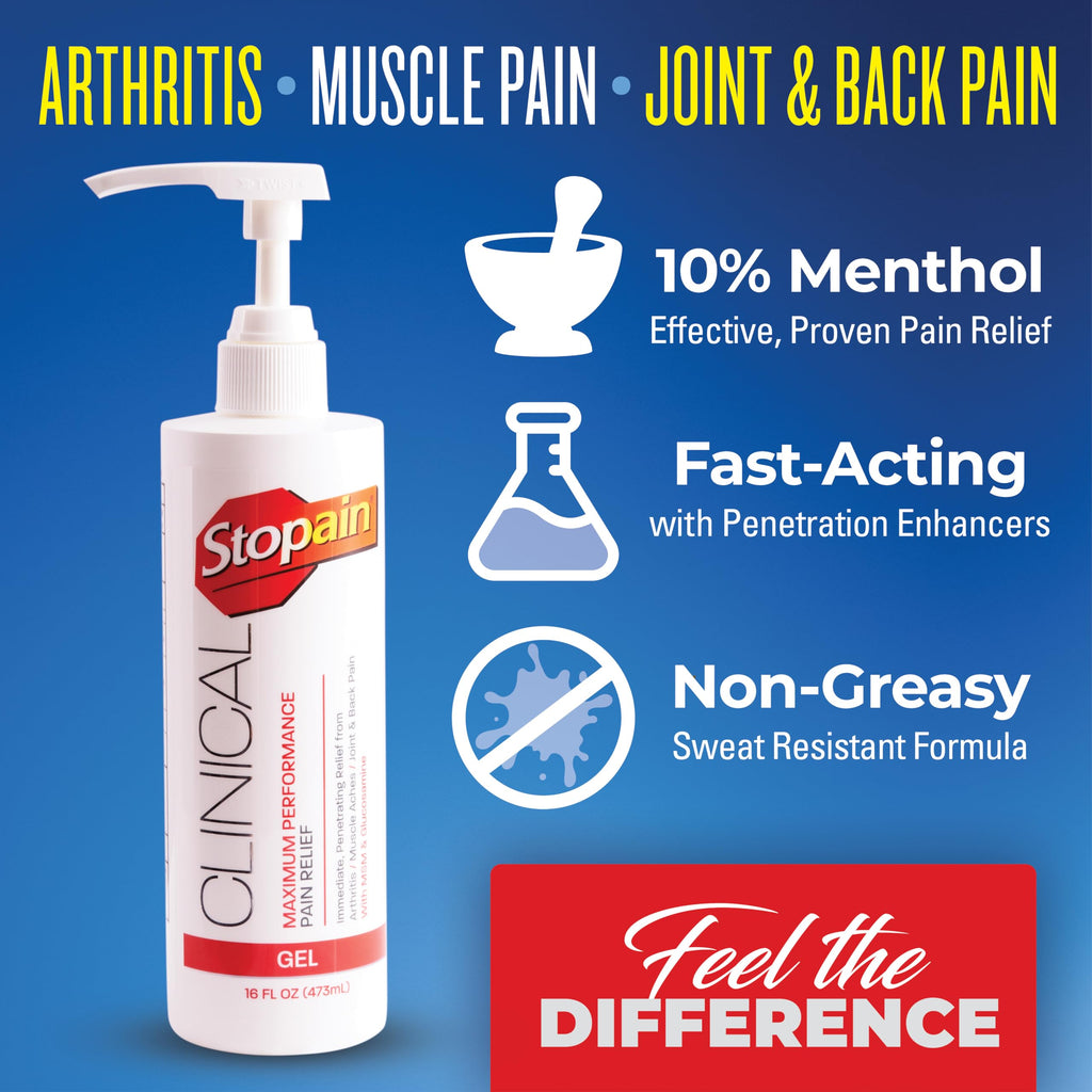 Stopain Clinical Pain Relief Gel 16 oz - Professional Formula for Arthritis, Knee, Back & Muscle Pain - Maximum Strength Gel for Joint & Nerve Pains with 10% Menthol Plus Glucosamine - Made in USA Stopain Au supplements