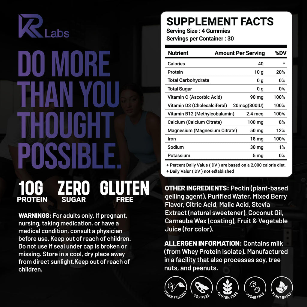 KR Labs Zero Carb 100% Pure Whey Isolate Protein Gummies | 300g Total Protein per Bag | 10g per Serving Plant Based with Vitamins for Men & Women