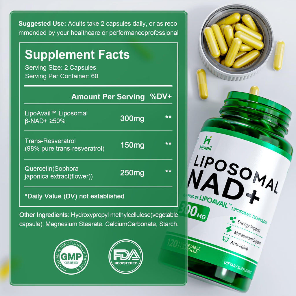Liposomal NAD Supplement 300mg + Trans-Resveratrol & Quercetin, Energy & Anti-Aging Support, Boost NAD+ Levels - Vegan, Pure NAD Resveratrol Supplement for Women & Men, 120 Capsules Hiiwell Au supplements