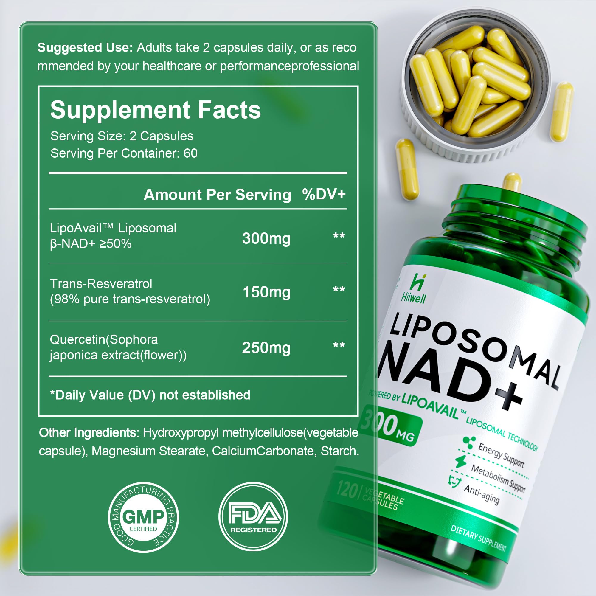 Liposomal NAD Supplement 300mg + Trans-Resveratrol & Quercetin, Energy & Anti-Aging Support, Boost NAD+ Levels - Vegan, Pure NAD Resveratrol Supplement for Women & Men, 120 Capsules Hiiwell Au supplements