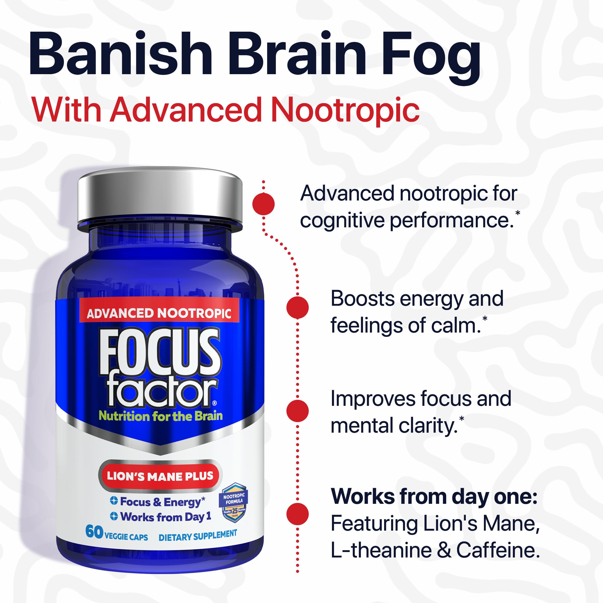 Focus Factor Lions Mane Plus, Advanced Nootropic with L-Theanine, Caffeine, Focus and Energy (60 Count) Focus Factor Au supplements