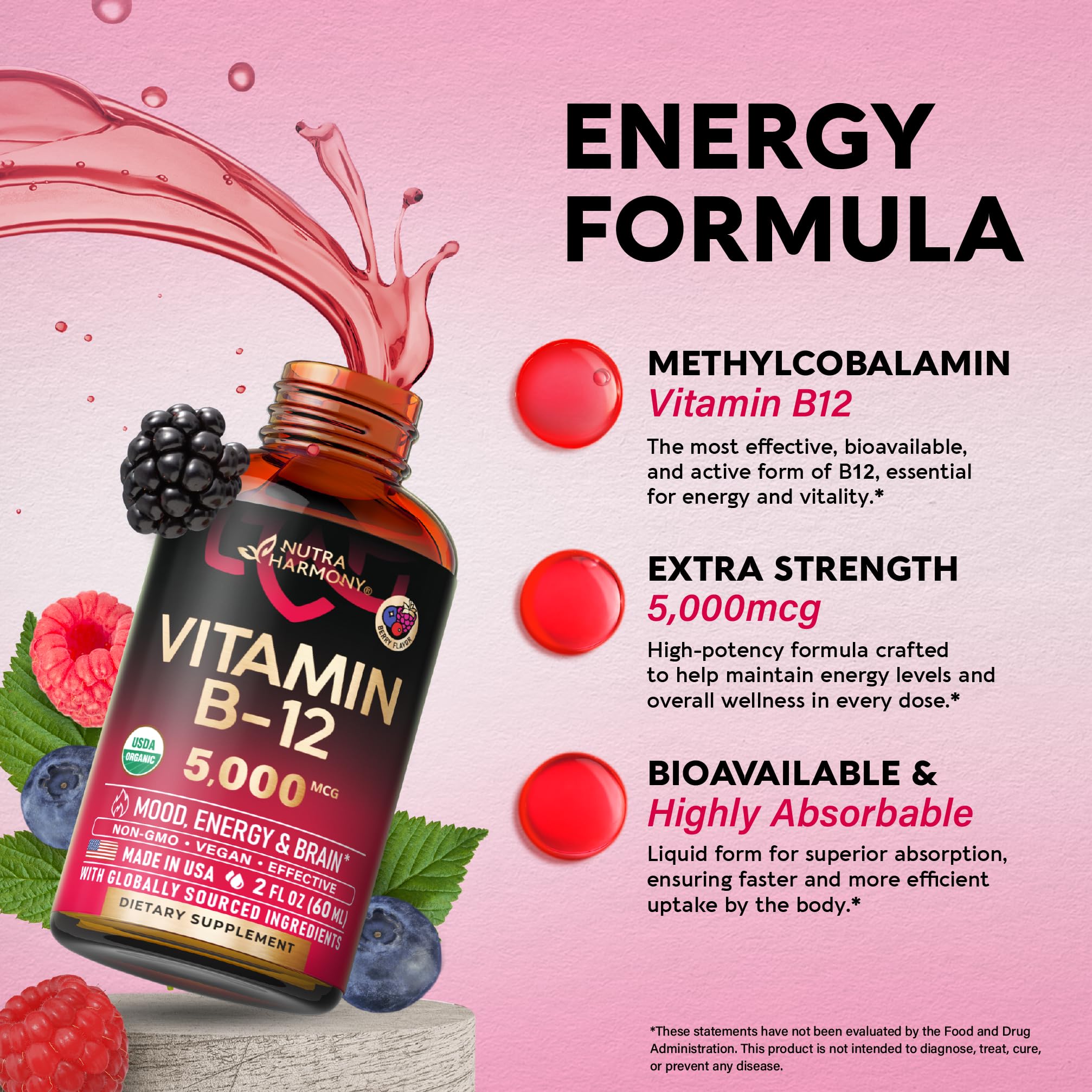 USDA Organic Vitamin B12 Sublingual Drops - 5000 mcg Liquid Vegan Methylcobalamin for Women & Men - Energy Boost, Focus & Mood, Brain Health Support