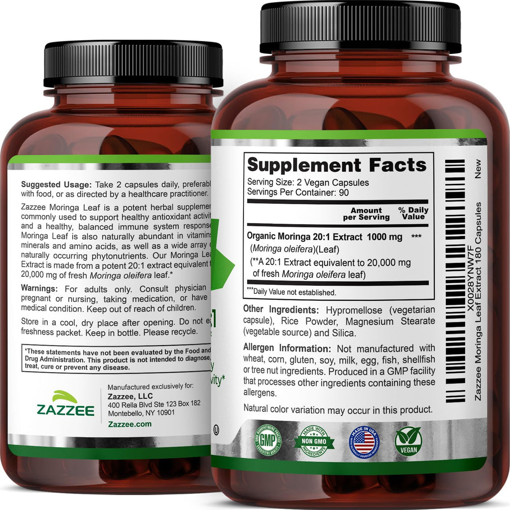 Zazzee USDA Organic Moringa Leaf 20:1 Extract, 180 Vegan Capsules, 3 Month Supply, Certified Kosher, Moringa Oleifera, Antioxidant, Immune & Cellular Support
