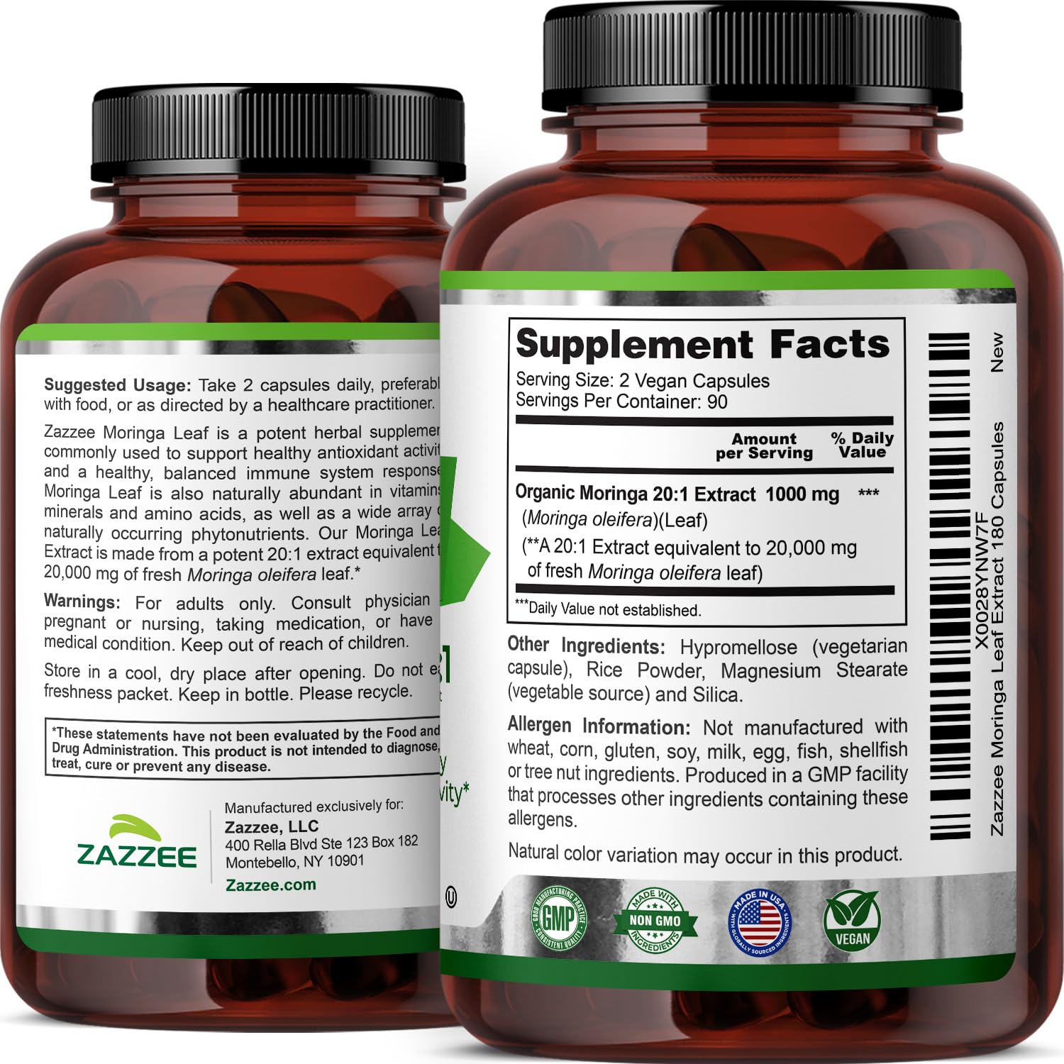 Zazzee USDA Organic Moringa Leaf 20:1 Extract, 180 Vegan Capsules, 3 Month Supply, Certified Kosher, Moringa Oleifera, Antioxidant, Immune & Cellular Support