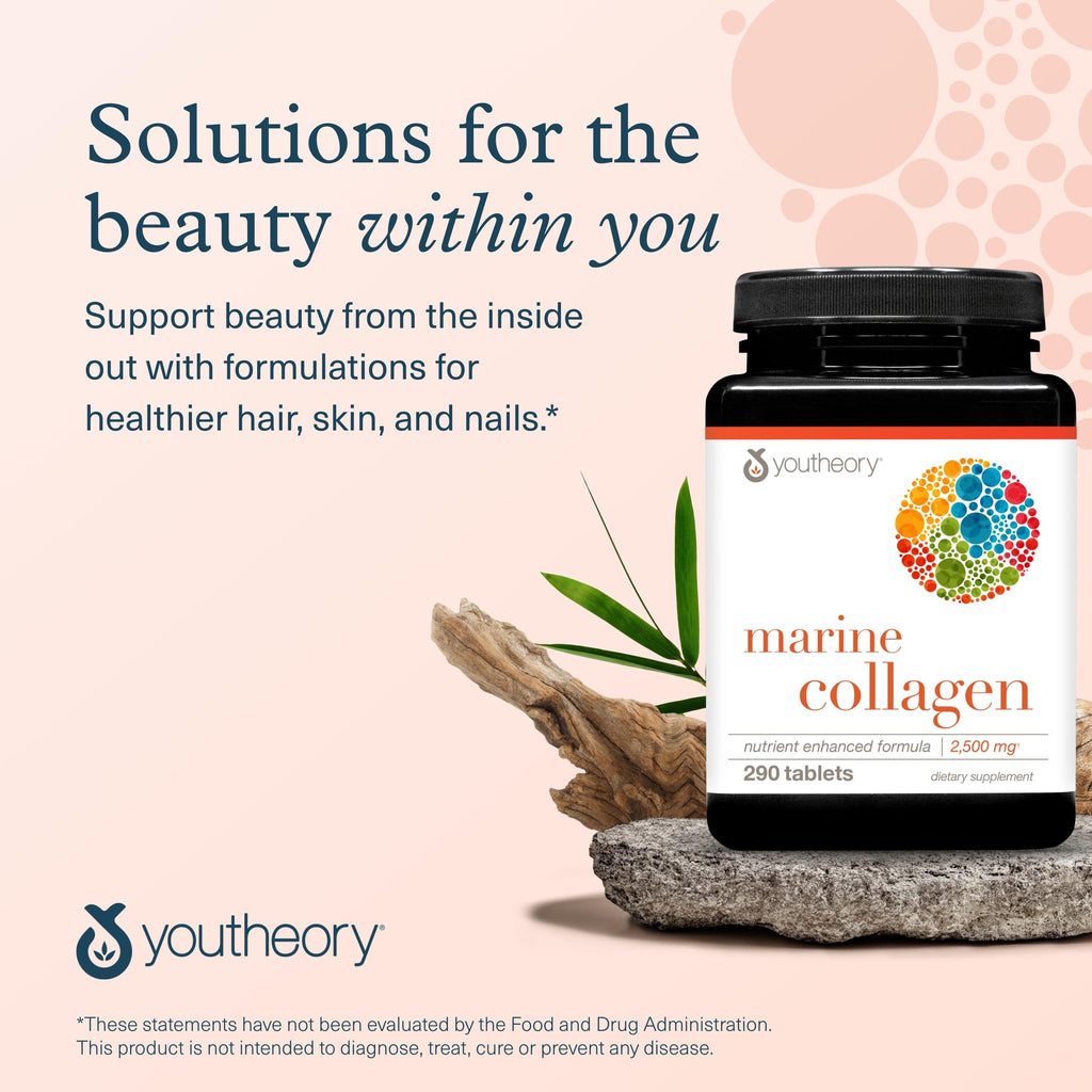 Youtheory Marine Collagen Tablets - 2,500 mg Fish-Sourced Collagen Peptides- with Vitamins A, C, E, B6 & B12 - Supports Joint & Nail Health* - Highly Absorbable - 290 Tablets (58-Day Supply) Youtheory Au supplements