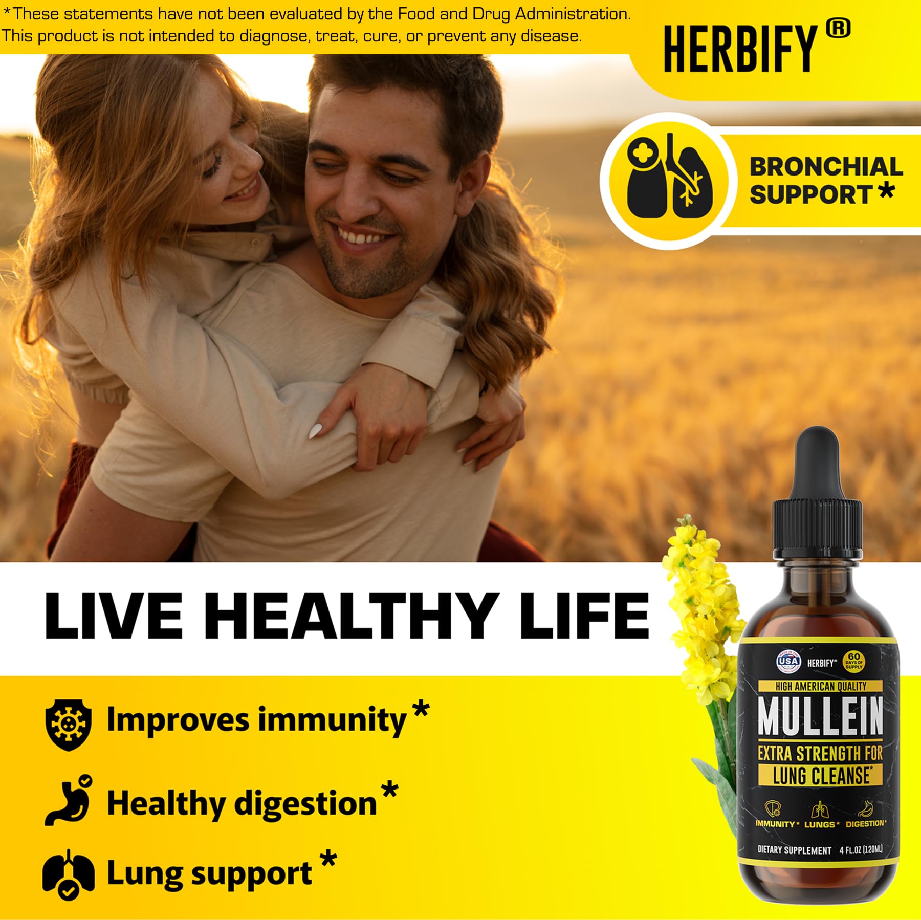 HERBIFY Mullein Drops - Lung Cleanse - Leaf Extract - Powerful Mullein for Immune Support,Detox & Respiratory Support - Made in USA