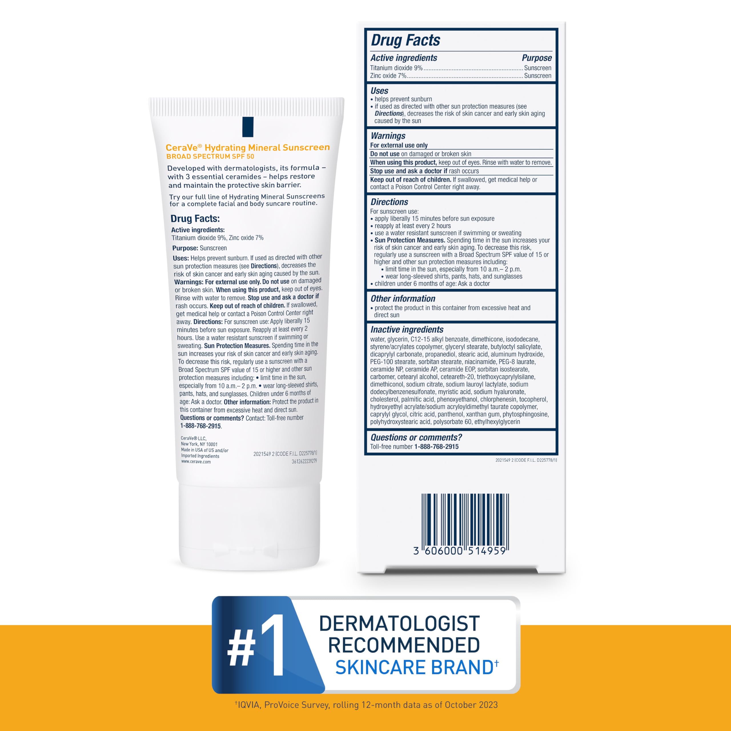 CeraVe 100% Mineral Sunscreen SPF 50, Face sunscreen With Zinc Oxide & Titanium Dioxid