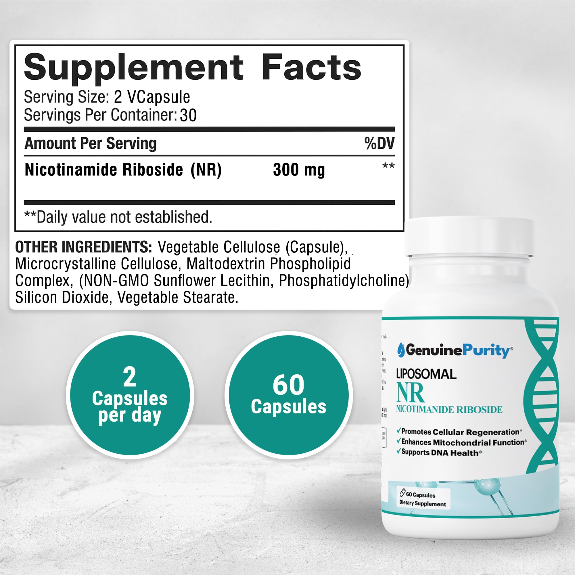 GenuinePurity Liposomal NR 300mg Nicotinamide Riboside Supplement | Advanced NAD Boost for Cellular Energy and Mitochondrial Function | Gluten Free, Vegan, USA Made, Non-GMO | 60 Capsules GenuinePurity Au supplements