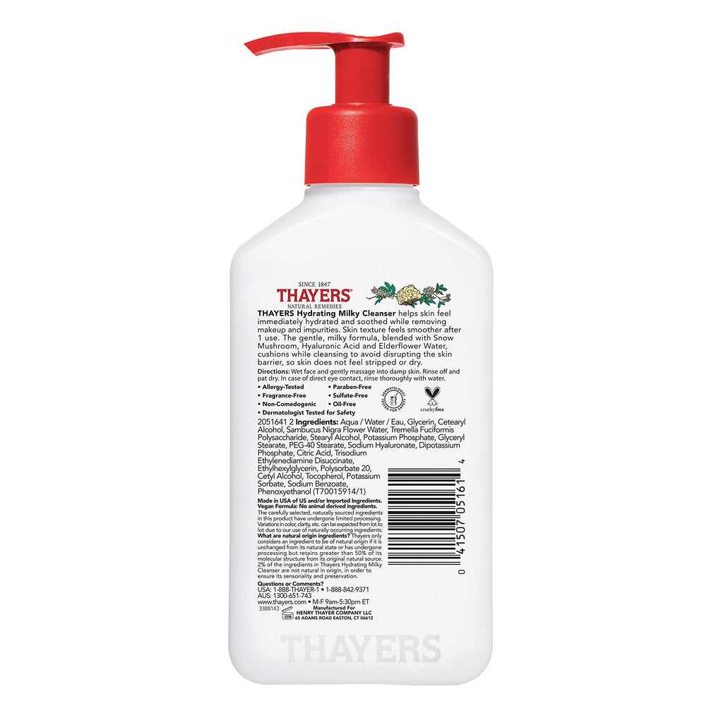 Thayers Milky Hydrating Face Cleanser with Snow Mushroom and Hyaluronic Acid, Dermatologist Recommended Gentle Facial Wash and Hydrating Skincare