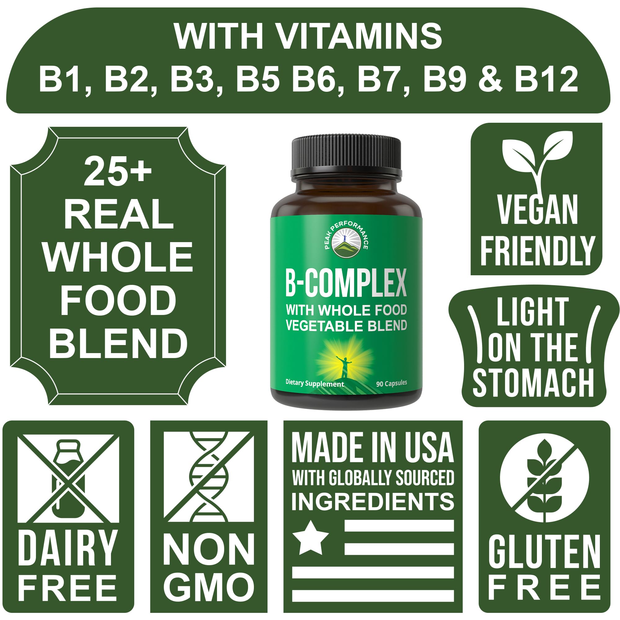 Vitamin B Complex Capsules + Whole Food Blend of 25 Vegetables and Fruits for Max Absorption. Best Vegan B-Complex Supplement with Vitamin B1, B2, B3, B5, B6, B7, B9 and B12. 90 Capsules. Energy Boost Peak Performance Au supplements