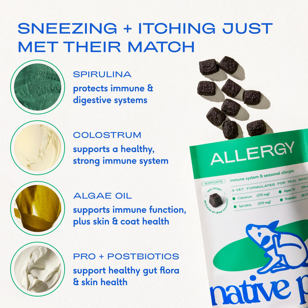 Native Pet Dog Allergy Chews - Dog Allergy Relief for Medium Breeds - Supports Seasonal Itch Relief, Healthy Immune Function & Reduces Sneezing - Colostrum, Spirulina, & Probiotics - 30 Days Supply Native Pet Au supplements