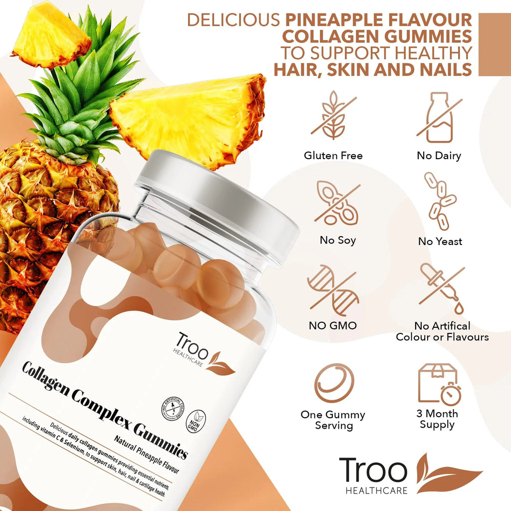 Hydrolysed Collagen Complex - 90 Natural Pineapple Flavour Chewable Gummies - One Per Day with Biotin, Vitamin C and Selenium Troo Health Care Au supplements