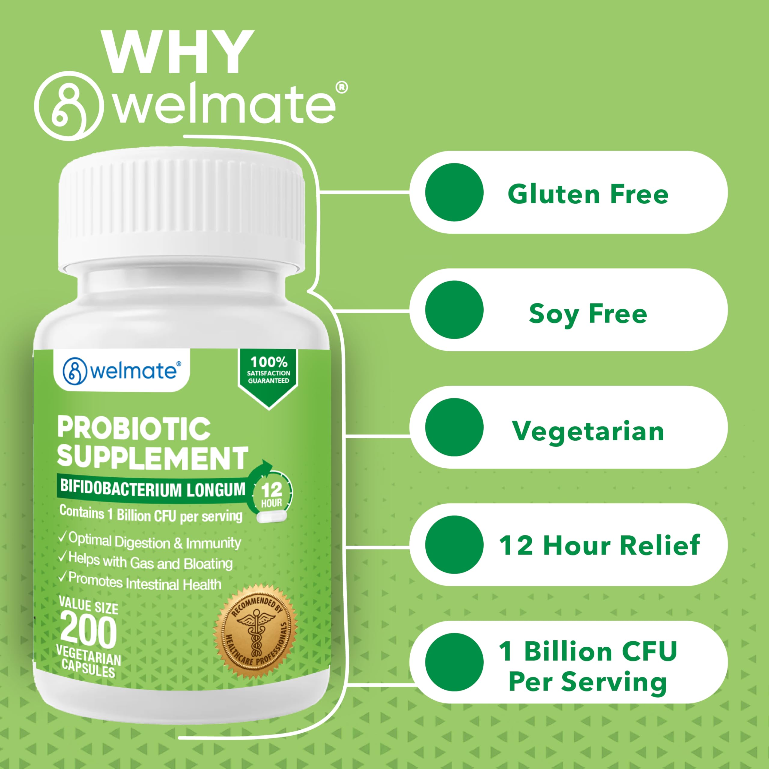 WELMATE Bifidobacterium - Probiotic Supplement - Supports Gut Health - Immune Support - Digestive Enzymes - Gluten Free - Vegan - Men & Womens Probiotic - Value Size - 200 Count WELMATE Au supplements