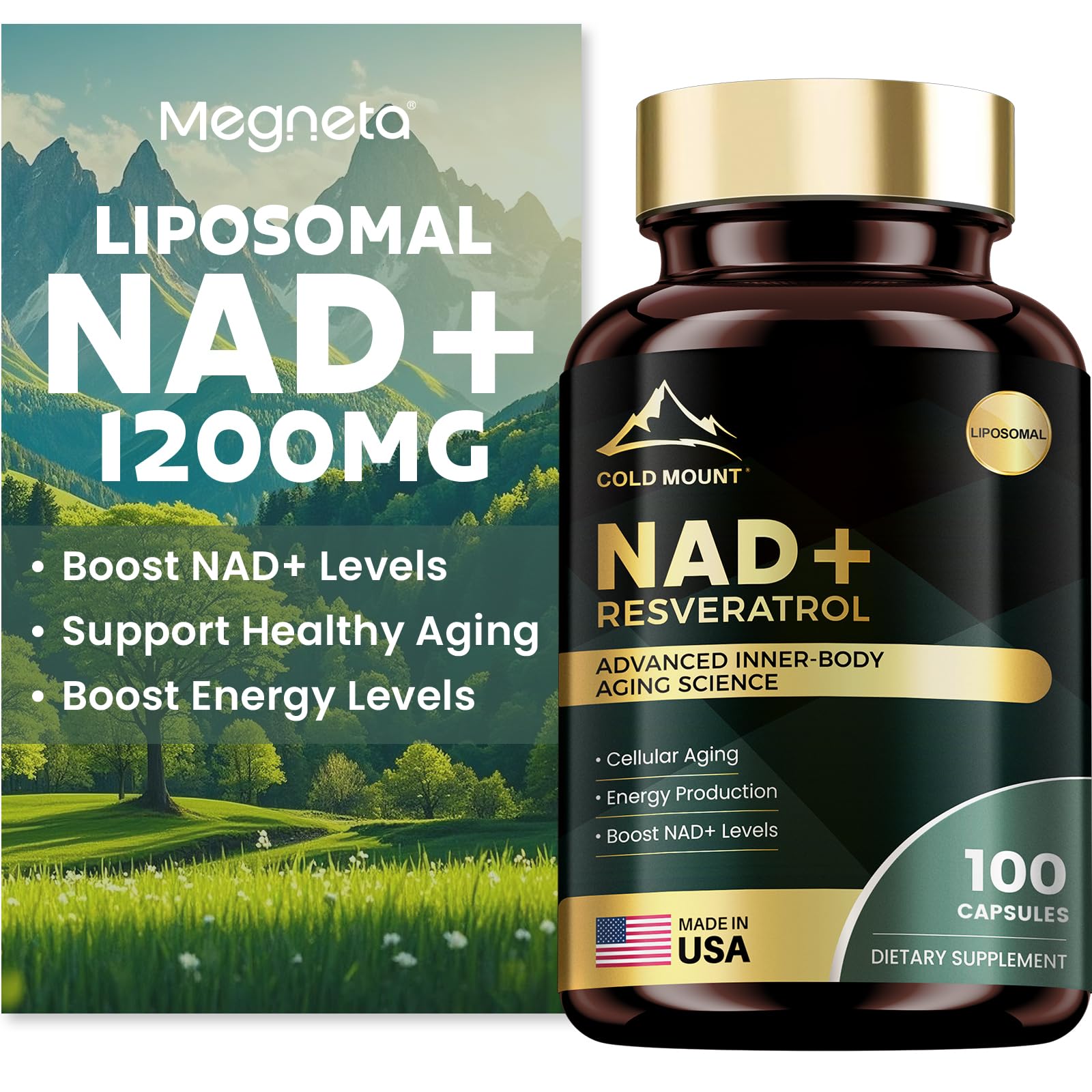 MEGNETA Liposomal NAD+ Supplement 1200mg with Trans Resveratrol - Boost NAD+ Levels, Energy & Anti-Aging Support - Vegan, 100 Capsules MEGNETA Au supplements