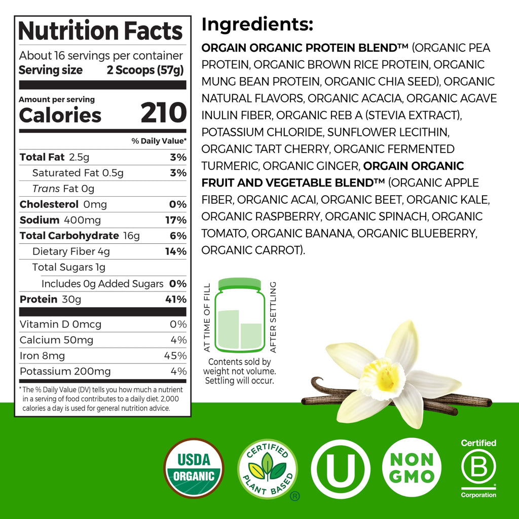 Orgain Organic 30g Vegan Plant Protein Powder, Vanilla, 9g EAAs + BCAAs, High Plant Protein, 4g Prebiotic + Fiber, 1g Sugar, Pre-Workout, Muscle Support + Recovery - 2.01lb (Packaging May Vary)
