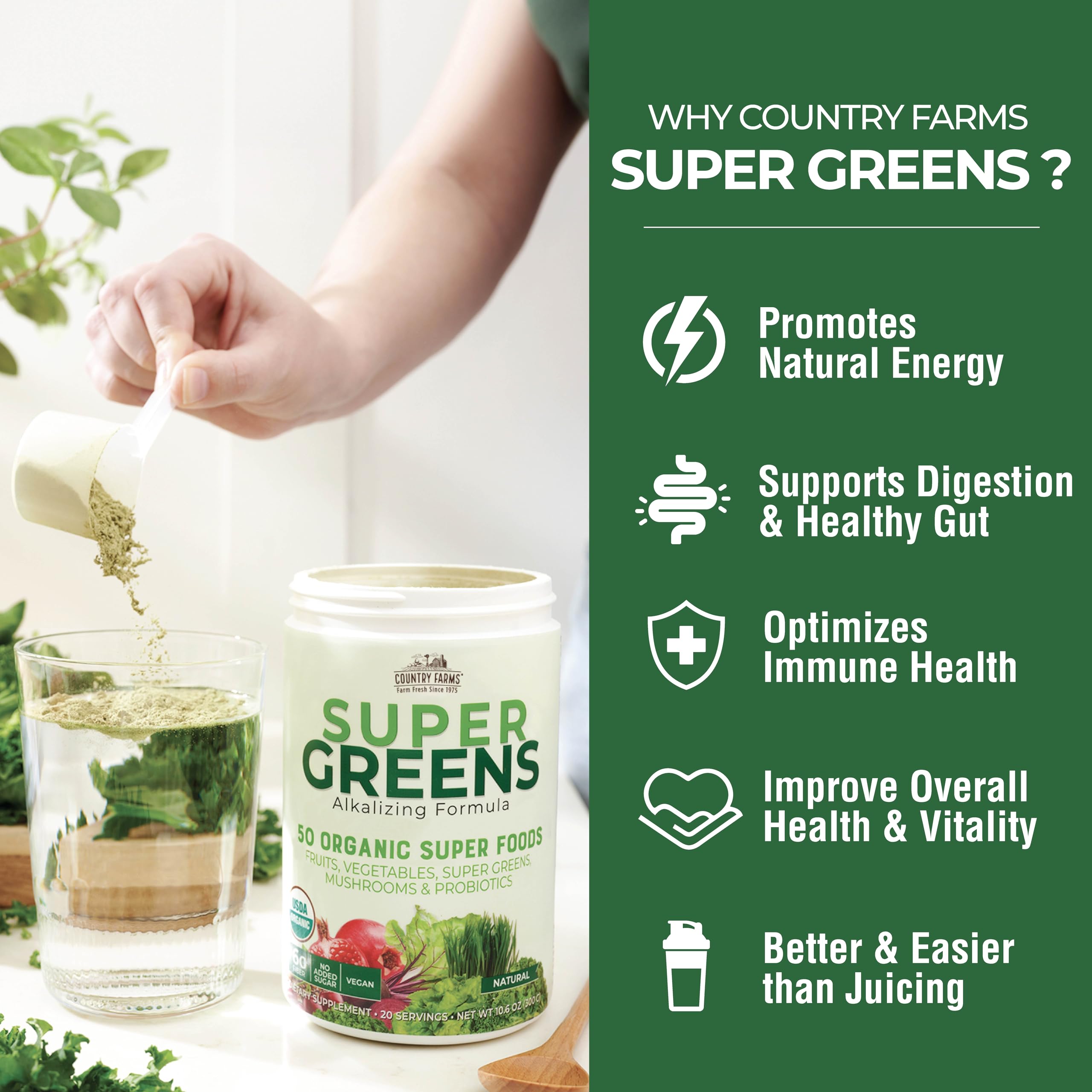 Country Farms Organic Super Greens Natural Flavor, 50 Organic Super Foods, Packed with Fiber, USDA Organic Drink Mix, Fruits, Vegetables, Mushrooms & Probiotics
