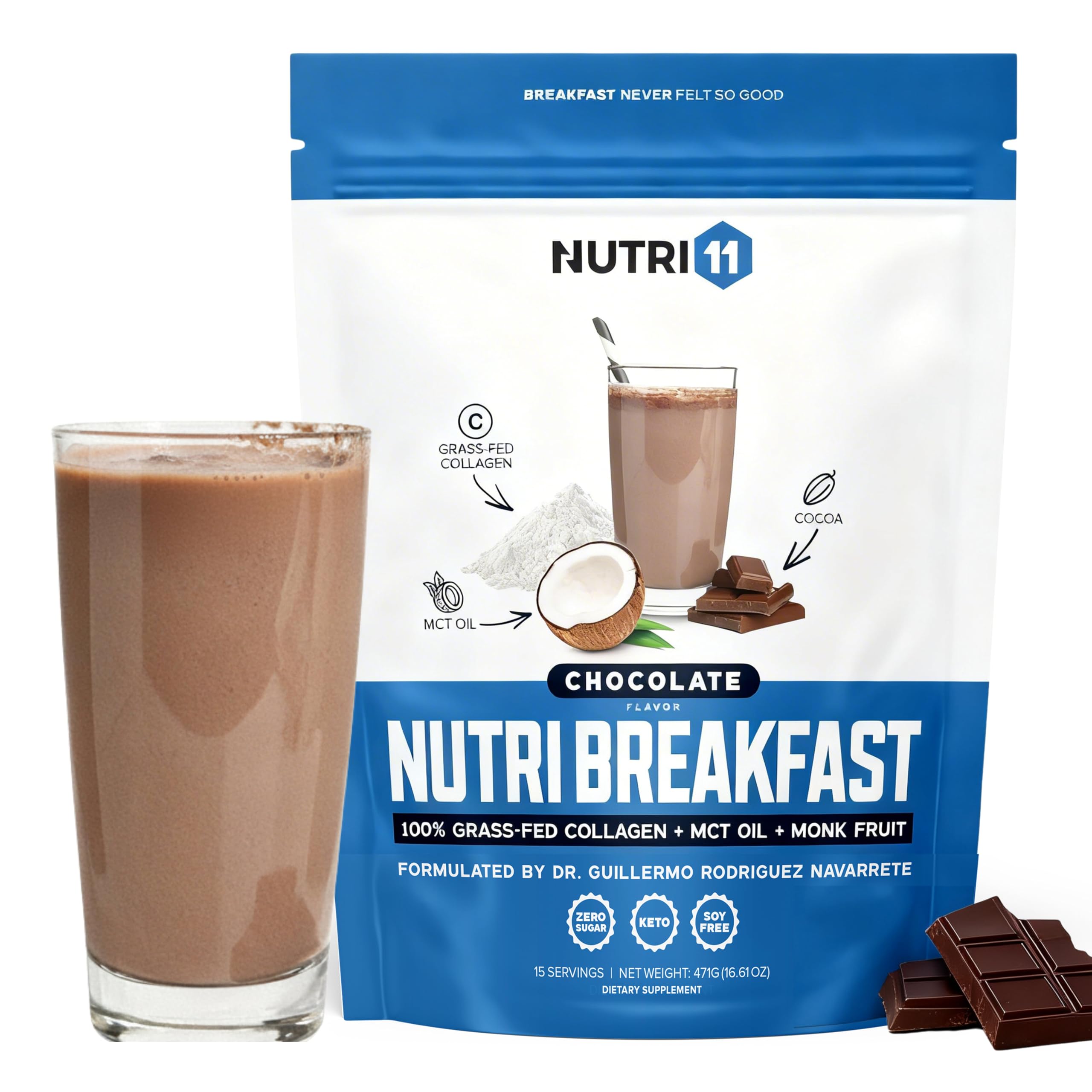 Nutri11 NutriBreakfast by Nutrillermo/Keto Protein Collagen Powder with MCT Oil/MCT Oil Powder/Keto Collagen Peptides with Grass-Fed Bovine