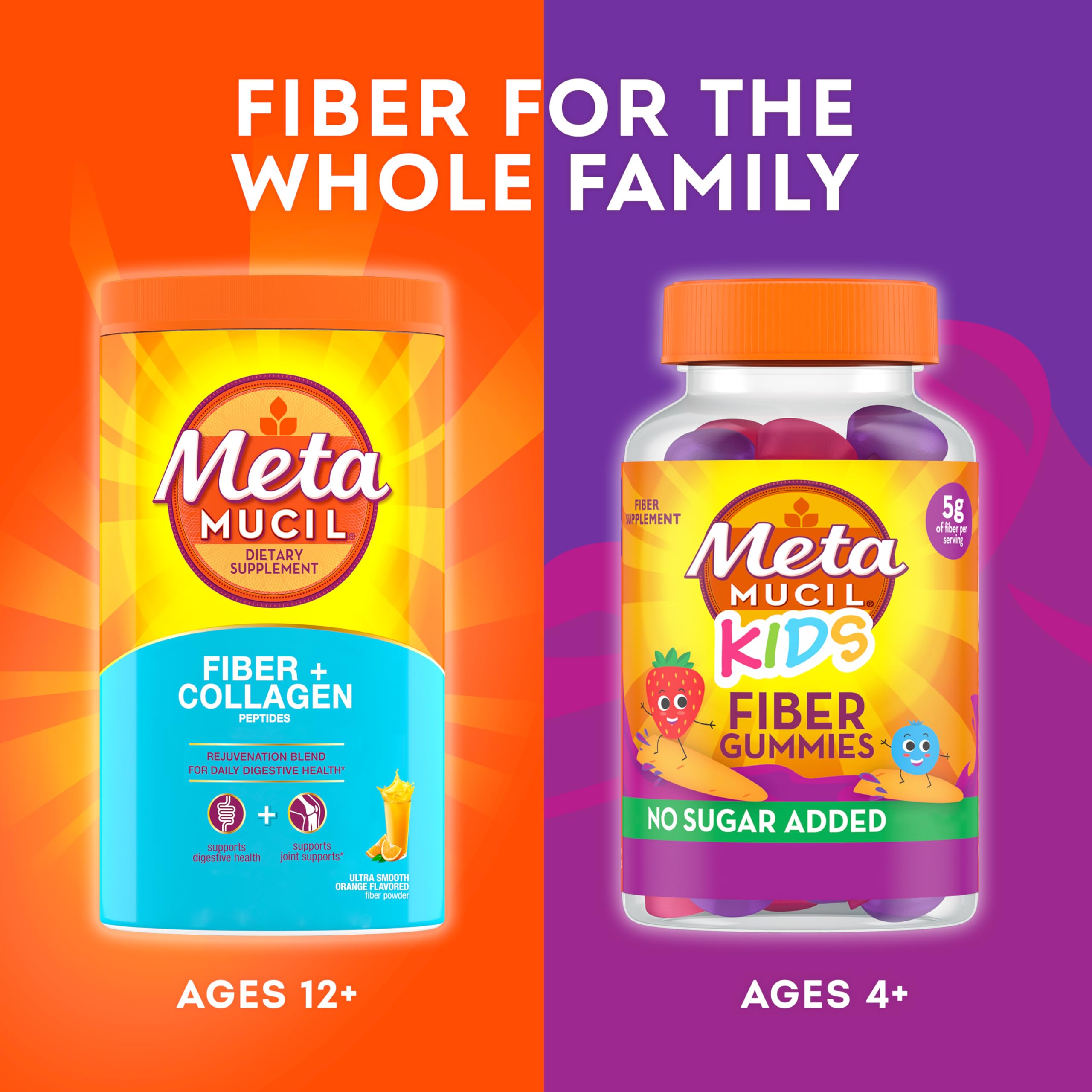 Metamucil Daily Fiber + Collagen, Psyllium Husk Powder, Plant Based Fiber Supplement, Sugar-Free with Stevia, 3-in-1 Fiber Supplement