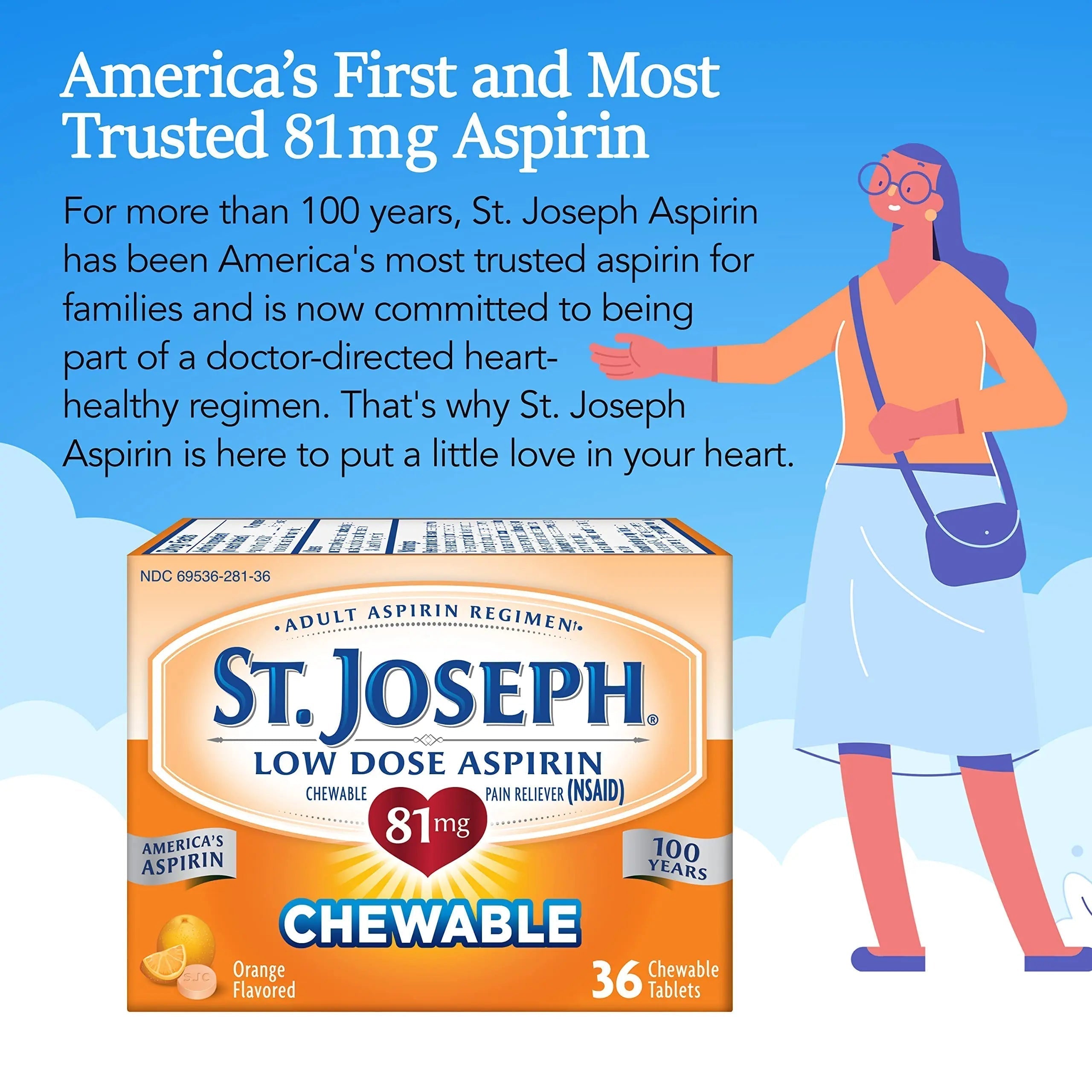 St. Joseph Aspirin Pain Reliever (NSAID) 81mg, Chewable Orange Tablets, Adult Low Dose Regimen, 36 ct St. Joseph Au supplements