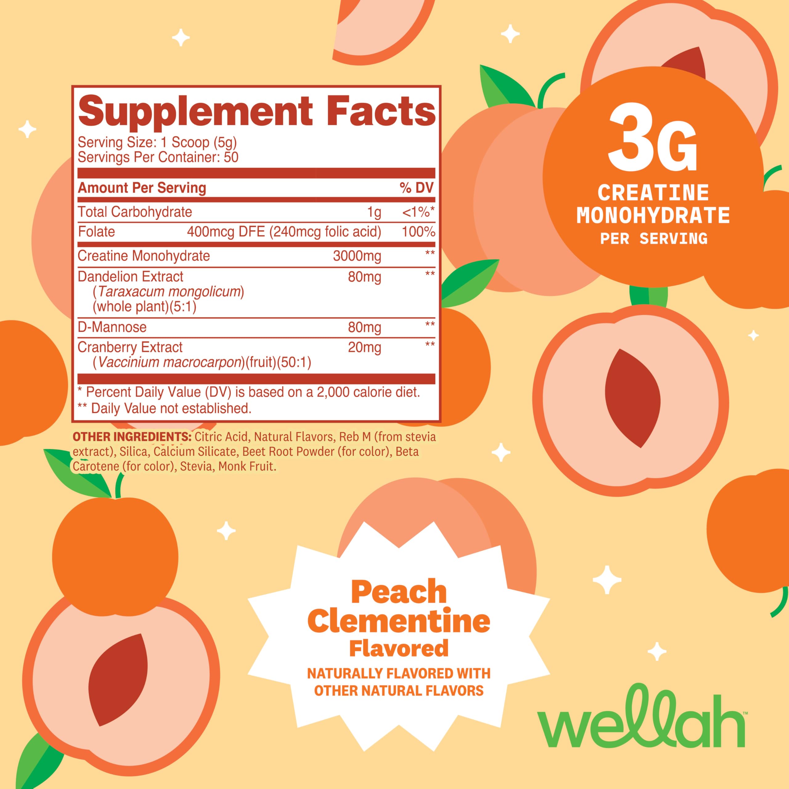 Wellah Creatine for Women - Creatine Monohydrate with Dandelion & Cranberry Extract (50 Servings, Clementine Peach)