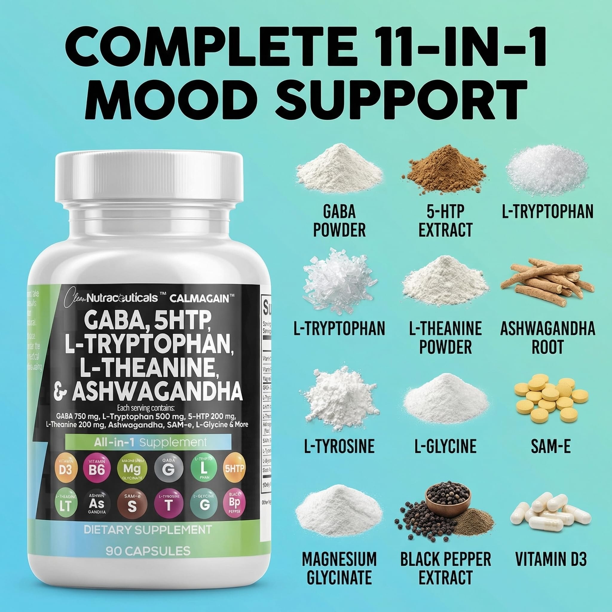 Clean Nutraceuticals GABA 750mg 5 HTP 200mg L Tryptophan 500mg L Theanine 200mg Ashwagandha SAM-e L-Glycine - Mood Support Vitamins for Women and Men with L-Tyrosine 5-HTP