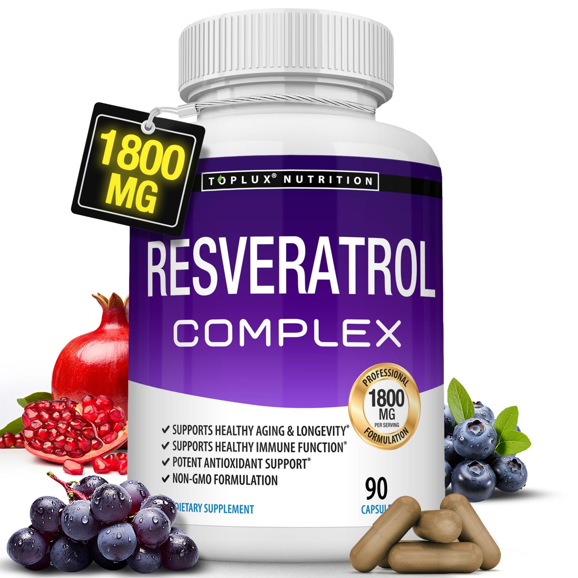 Resveratrol Supplement 1800 mg Antioxidant Complex - Highly Potent Natural Trans-Resveratrol Pills for Healthy Aging, Overall Health Support, Immune System