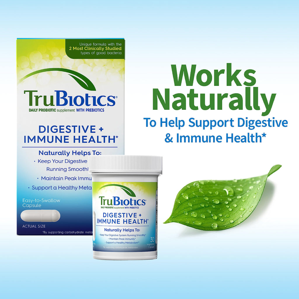TruBiotics Probiotics for Digestive & Immune Health, Supports Regularity & Helps Relieve Abdominal Discomfort, Gas & Bloating, 2 Clinically Studied Probiotic Strains, Plus Prebiotics, 30 Capsules TruBiotics Au supplements