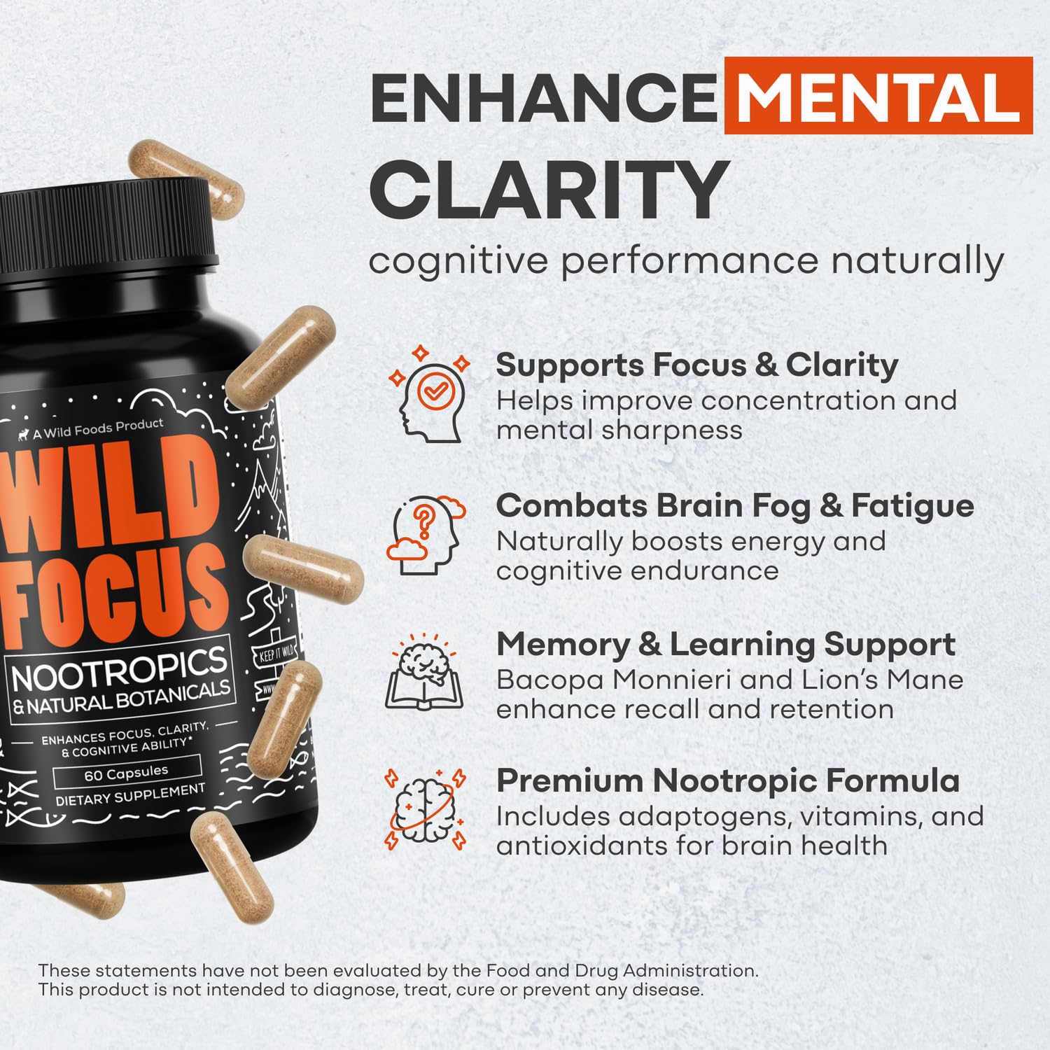 Wild Focus Brain Supplements | Caffeine-Free, Plant-Based Botanicals | Lions Mane, Ginkgo Biloba, Bacopa Monnieri, Lemon Balm | 100% Natural Nootropic | 60 caps Wild Foods Au supplements